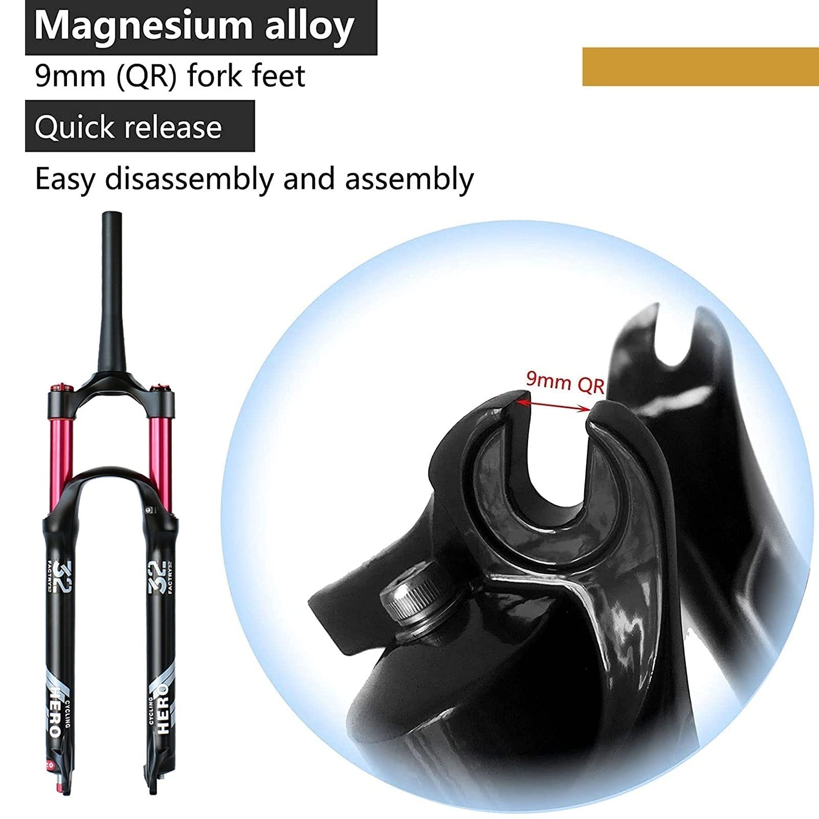 Air Mountain Bike Front Suspension Fork - 26/27.5/29 Inch, 140mm Travel, 9mm QR, Rebound Adjustable, 1-1/8
