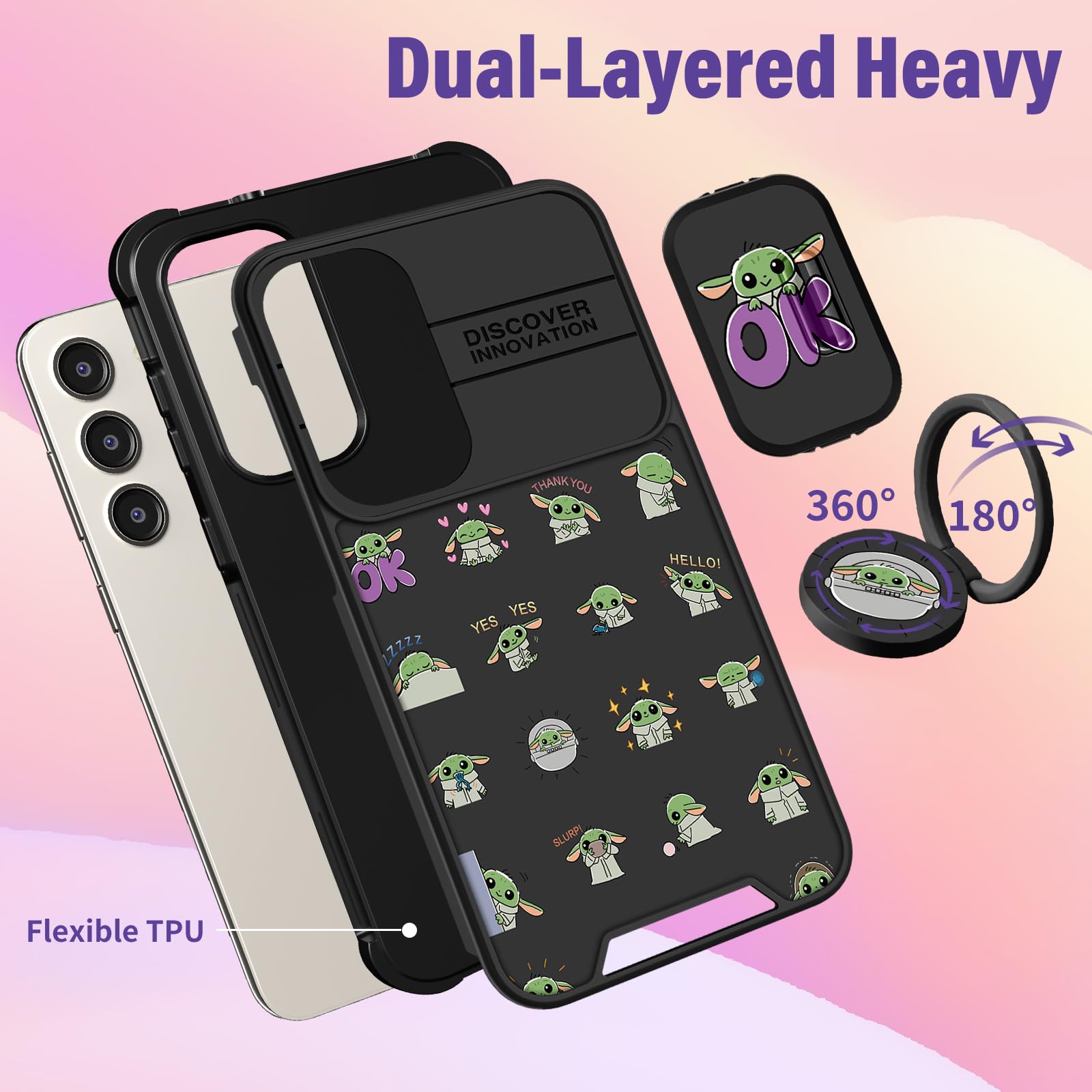 Qerrassa Samsung Galaxy S23 Case - Cute Cartoon Protective Phone Cover for Women with Camera Cover & Ring Stand | Shockproof & Durable Design | Perfect for Daily Use, Travel & Work