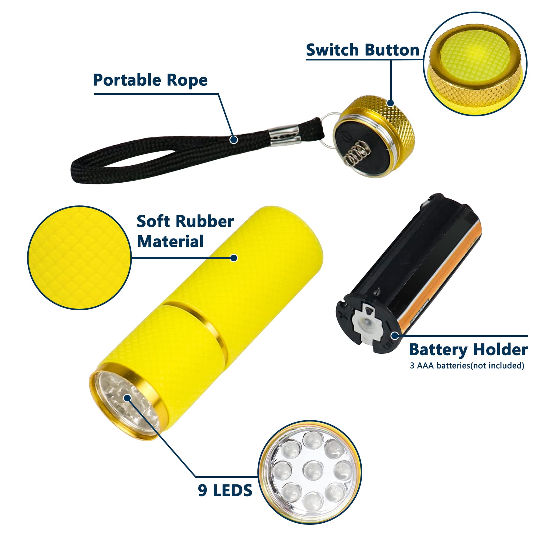 Pearwow 3 Pack LED Flashlight - Small UV Lamp with 9 LEDs for Nail Gel Drying, Portable Mini Flashlight for Hiking, Camping & Emergency Use
