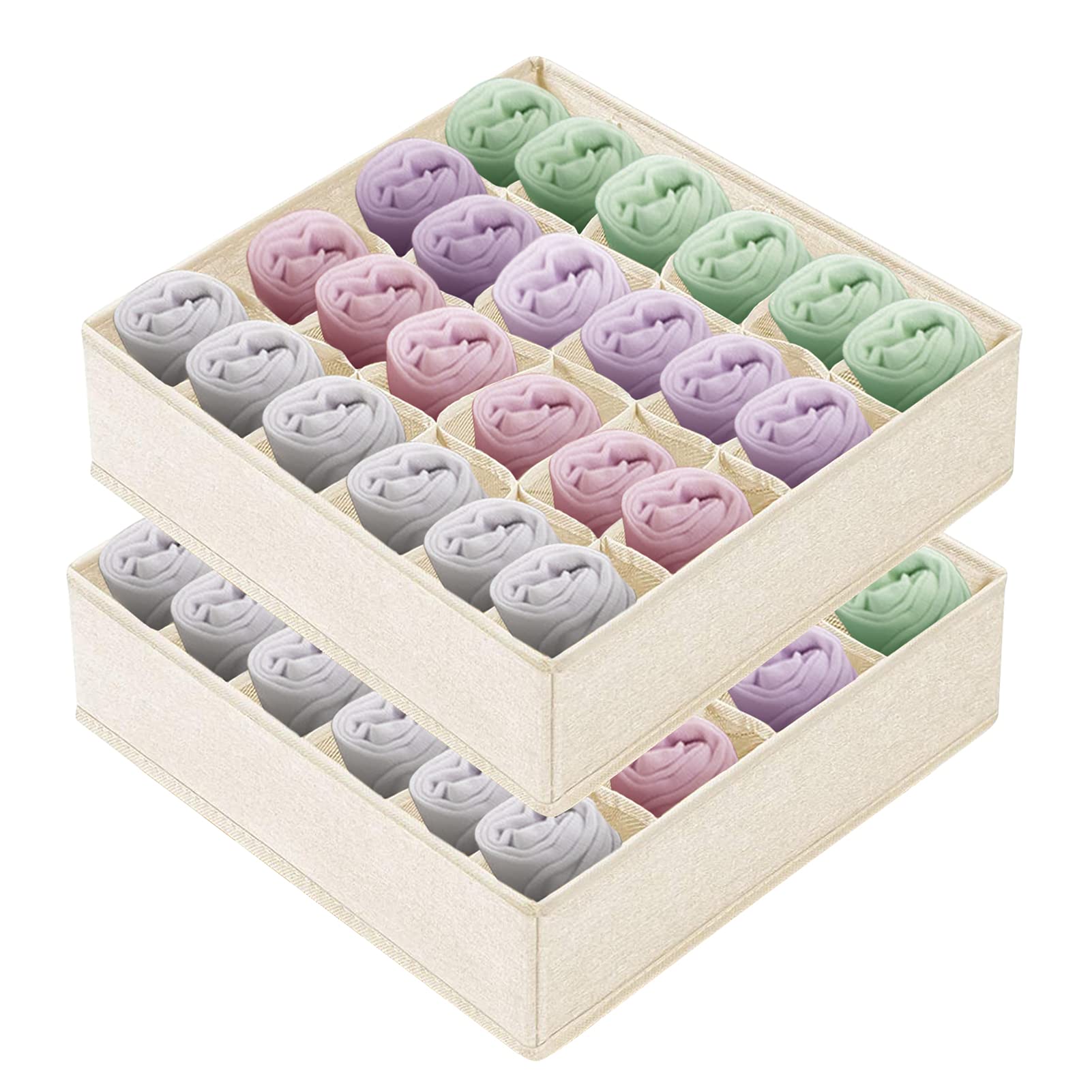 2-Pack Collapsible Drawer Organizer for Socks, Underwear & Lingerie - 24 Cell Storage Box for Dresser, Closet & Cabinet - Perfect for Ties, Bras & Small Clothing Items (Beige) | Space-Saving Home Organization Solution