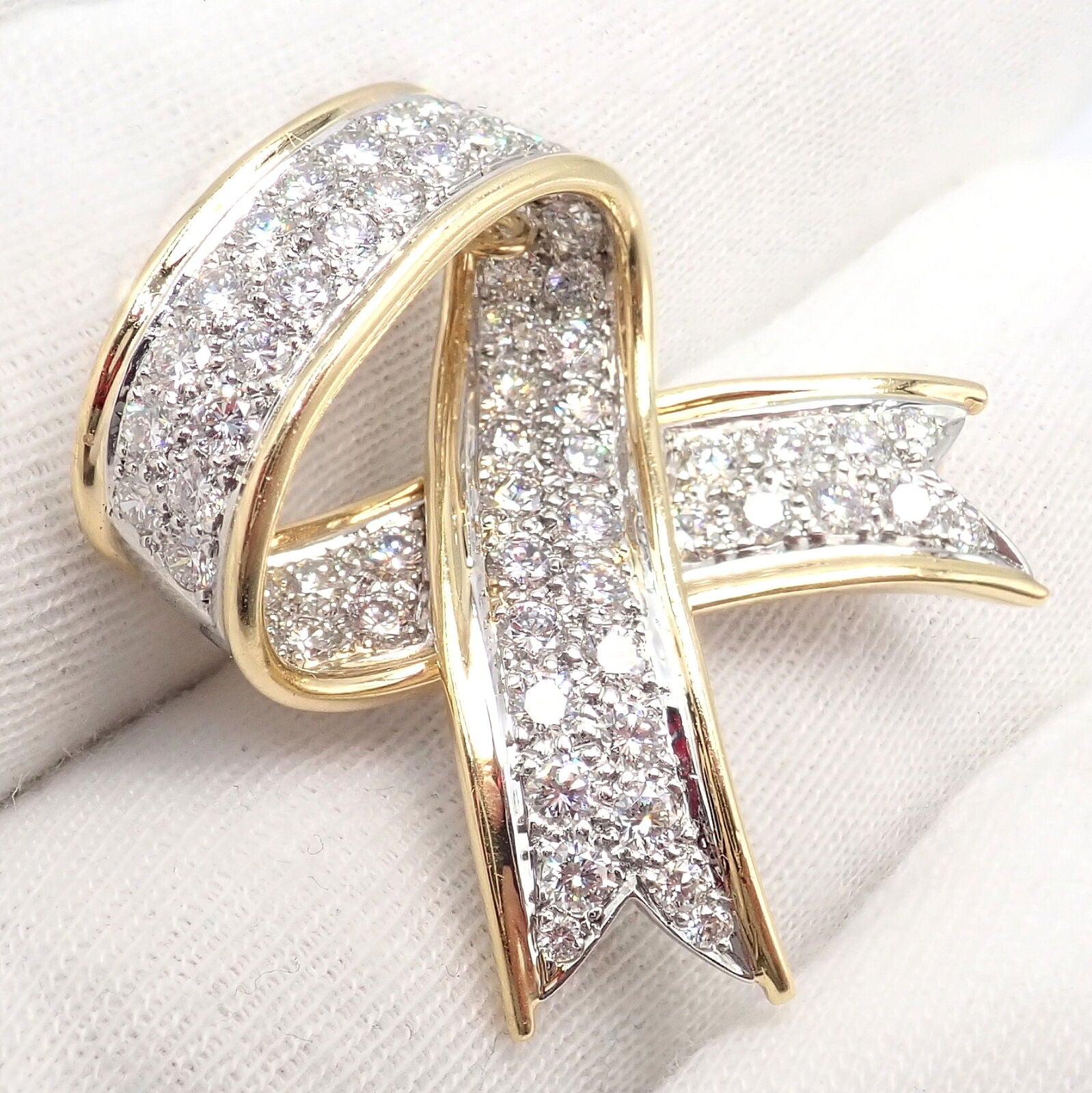 Vintage Tiffany & Co 18k Yellow Gold Platinum Diamond Ribbon Bow Pin Brooch - Elegant Jewelry for Women, Perfect for Weddings, Parties & Special Occasions