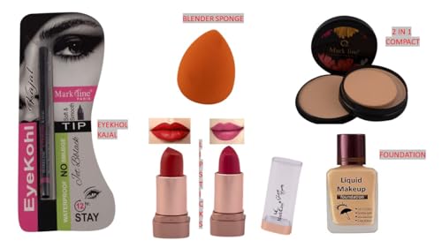 MARK LINE Complete Makeup Kit - Foundation, Lipstick, Compact Powder, Beauty Blender & Kajal (6-Piece Set) for Professional & Everyday Glam Looks