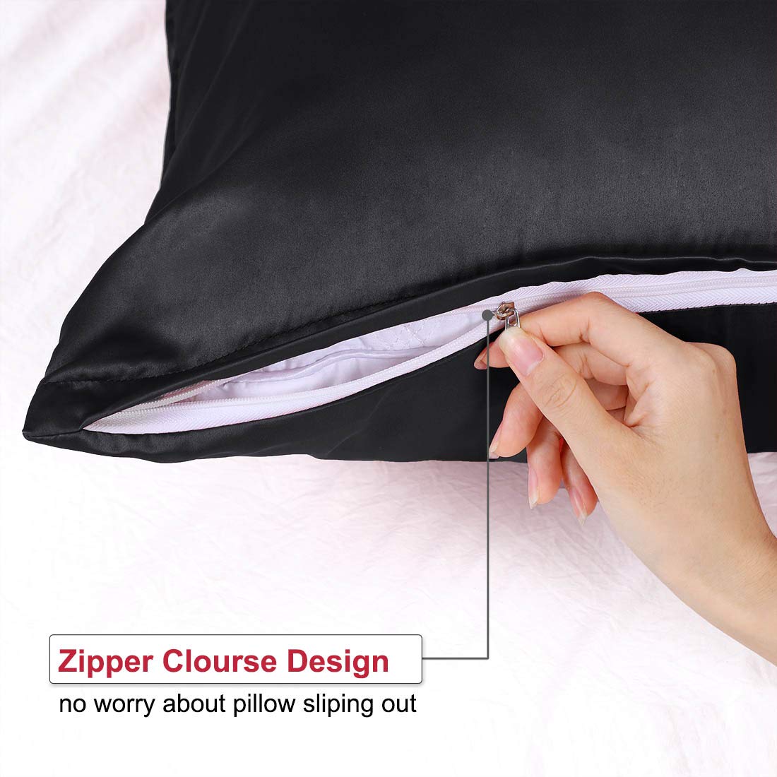 PiccoCasa Set of 4 Zippered Pillowcases - Luxury Super Silky Satin Pillow Covers (14x20 Inch) Black - Perfect for Travel, Home Decor & Bedroom Essentials