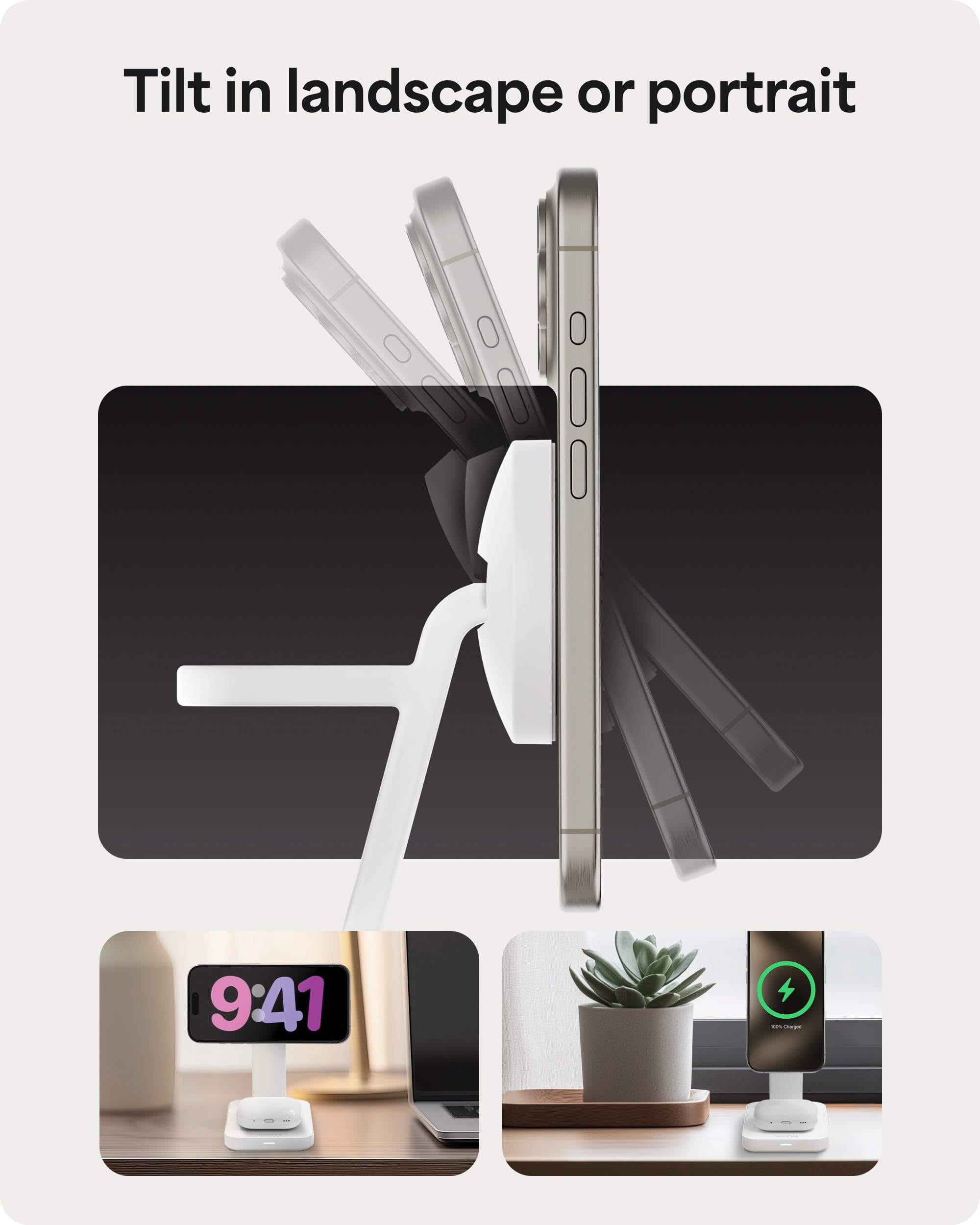 mophie Snap+ 3-in-1 Wireless Charging Stand with MagSafe & Qi2 Certification - Fast Charging Station for iPhone 16/15/14/13/12, Apple Watch, AirPods - Magnetic Multi-Device Charger, Eco-Friendly White Design | Perfect for Home, Office & Nightstand Charging