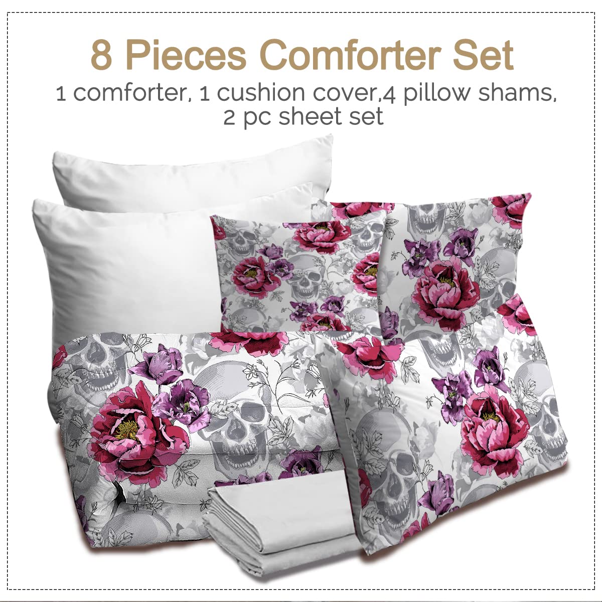 BlessLiving Sugar Skull Comforter Set King 8-Piece - Rose Grey Gothic Bedding with Sheets | All-Season Down Alternative Bedding for Boys' Room, Teen Bedroom & Halloween Decor