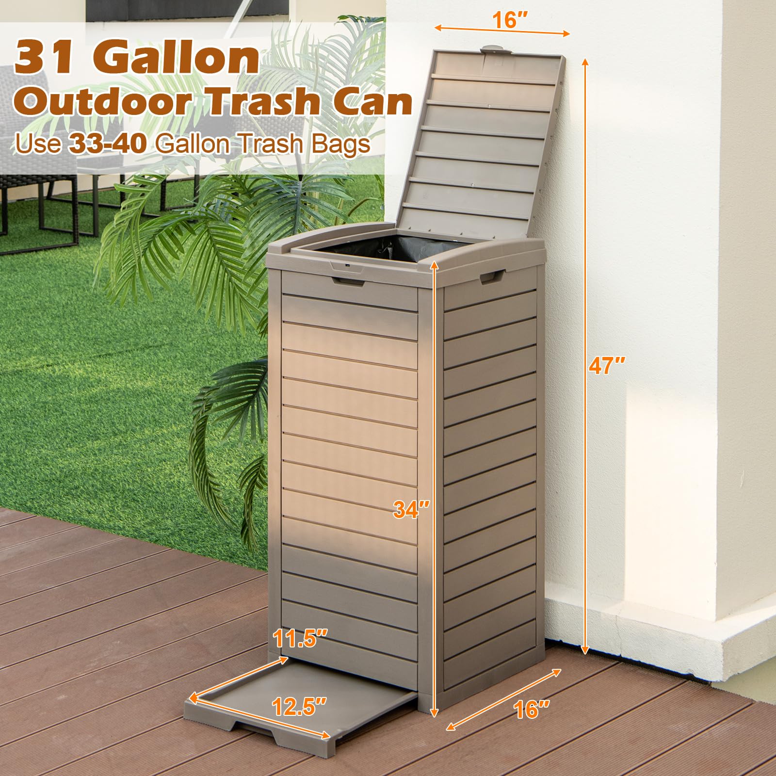 Goplus 31 Gallon Outdoor Trash Can with Lid - 2 Pack Large Waterproof Resin Garbage Bin w/Drip Tray & Fits 33-40 Gallon Trash Bags - Perfect for Patio, Porch, Backyard, Deck & Poolside Use