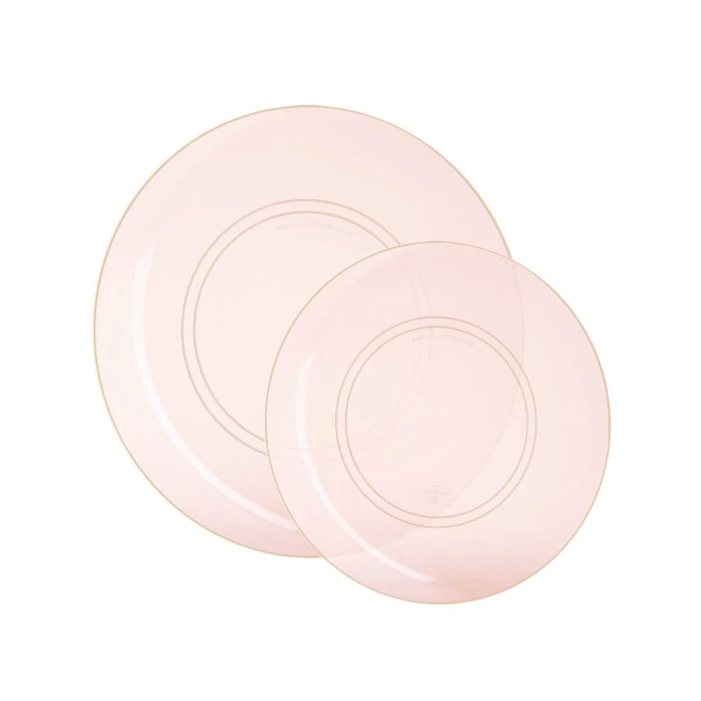 Elegant Transparent Rose Pink & Gold Rim Round Plastic Plates - 12-Pack Shatterproof Disposable Plates for Parties, Weddings, and Events - BPA-Free & Eco-Friendly Dinnerware