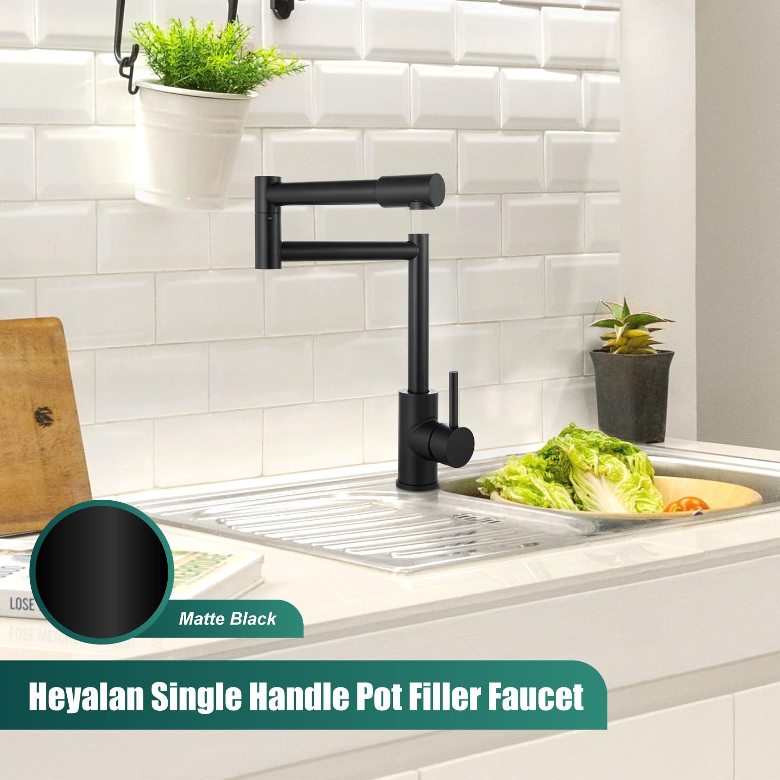 **360° Rotating Matte Black Pot Filler Faucet - Deck Mount Single Handle Kitchen Sink Faucet with Retractable Double Joints for Easy Cooking & Filling Large Pots**    *(Perfect for Modern Kitchens, Soup Making, Pasta Cooking & Heavy-Duty Food Prep)*