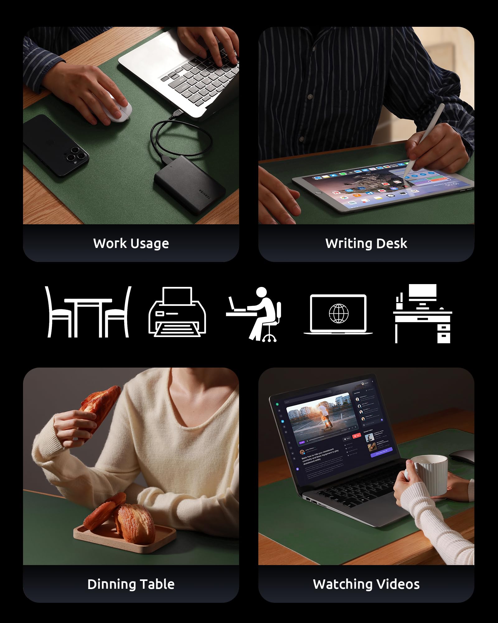 YSAGi Dual-Sided Leather Desk Pad - Large PU Leather Office Desk Mat & Laptop Protector - Waterproof Mouse Pad & Writing Surface for Home & Office (Dark Green + Grey, 23.6