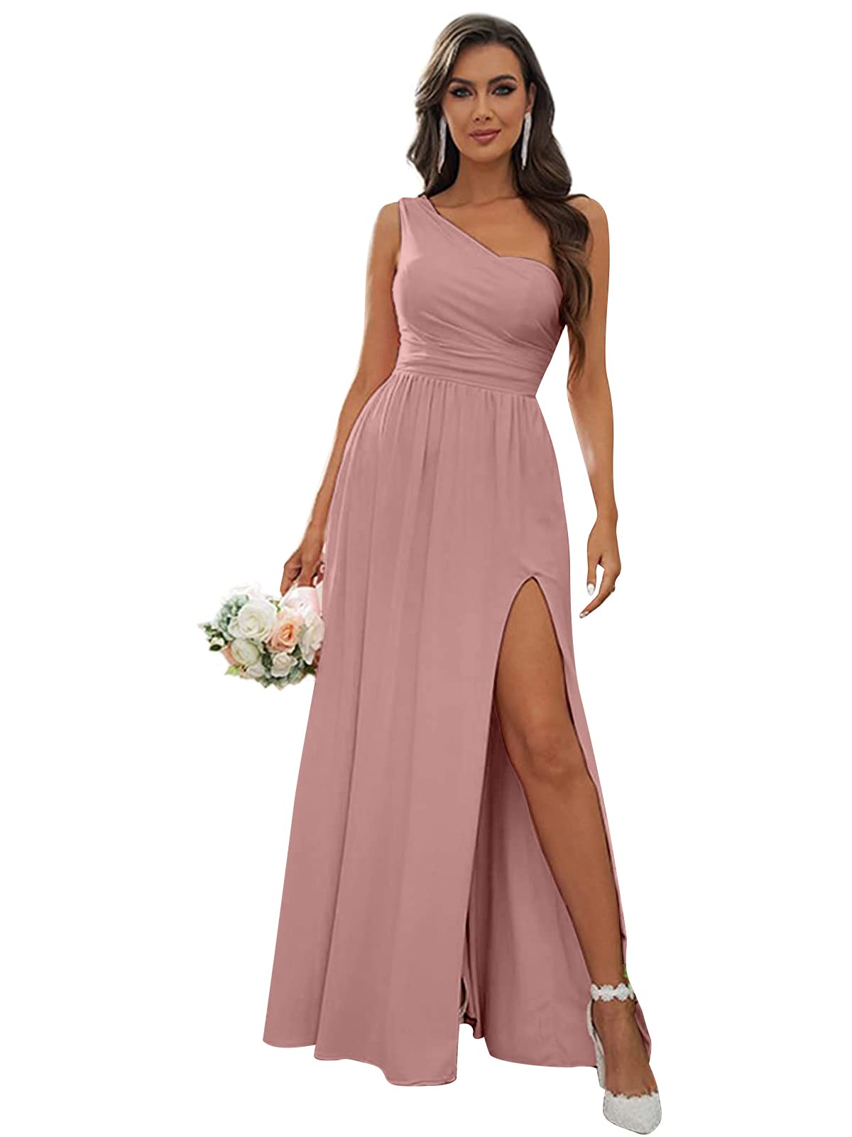 FEOLATE Elegant One Shoulder Long Bridesmaid Dress for Wedding, Formal Evening Party, Prom - Sexy High Slit Gown for Women - Perfect for Bridal Shower, Cocktail Party, Red Carpet Events