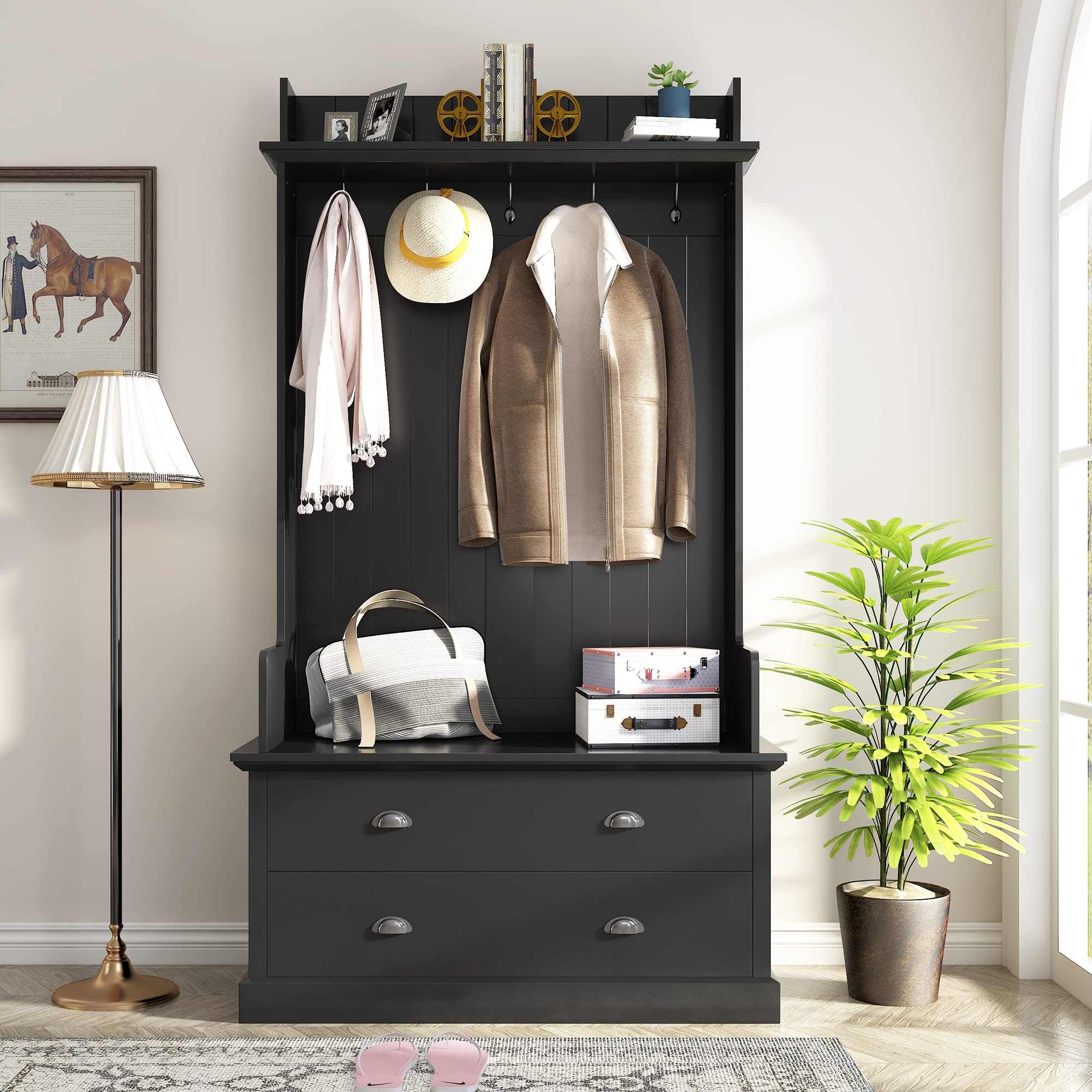 Ufinego Entryway Hall Tree with 2 Storage Drawers & 5-Hook Coat Hanger - Shoe Bench for Entrance Hallway, Mudroom & Foyer Organization - Perfect for Home Entryway Storage & Shoe Rack Solution