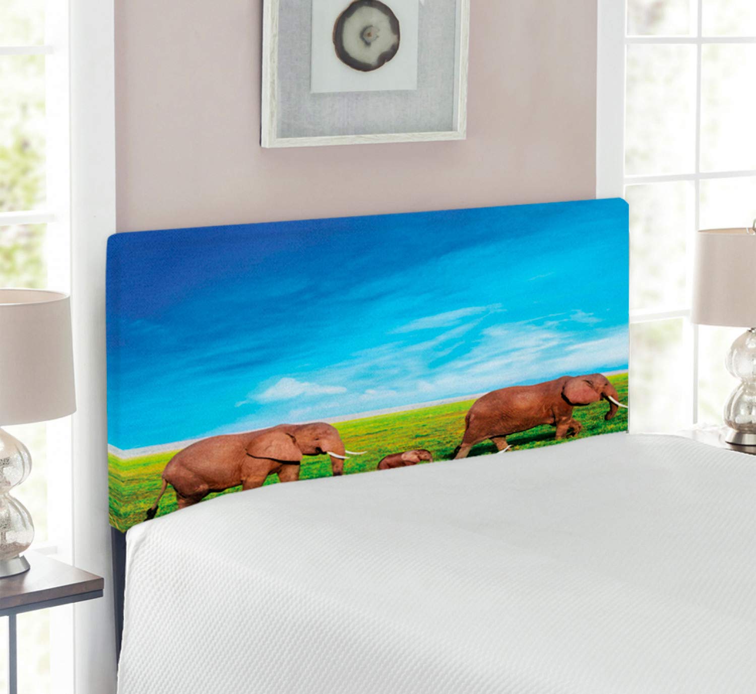 Ambesonne Animal Headboard - Savannah Themed Scenery Print with Memory Foam, Upholstered Decorative Metal Bed Frame for Twin Size (Green, Brown, Blue) - Perfect for Kids' Room, Nursery or Wildlife Themed Bedroom Decor