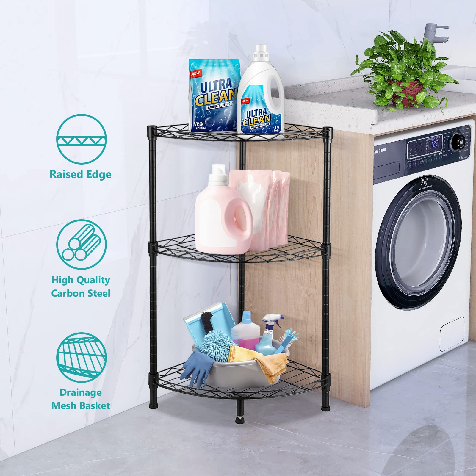3-Tier Adjustable Metal Wire Corner Shelving Unit - 13.8
