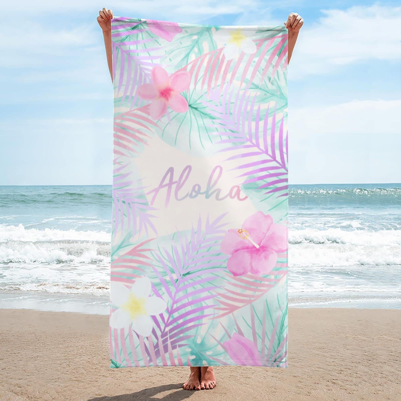 Premium Microfiber Beach Towel - Ultra Lightweight Hawaiian Floral Print - 3D Printed Sandproof Quick Dry Bath Towel (33