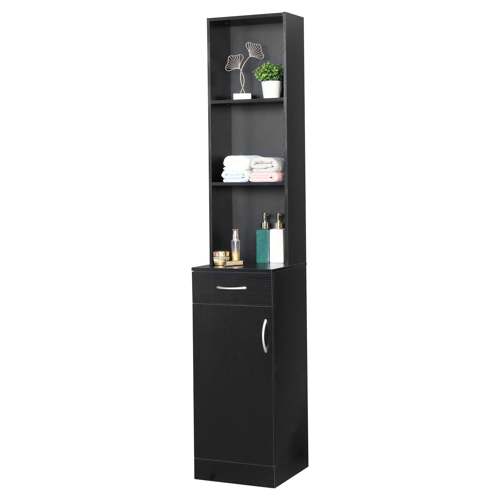 70 Inch Tall Bathroom Storage Cabinet - Waterproof Wooden Linen Organizer with Drawer & 3 Shelves | Durable Lightweight Narrow Cabinet for Bathroom, Bedroom, or Laundry Room Organization | Black