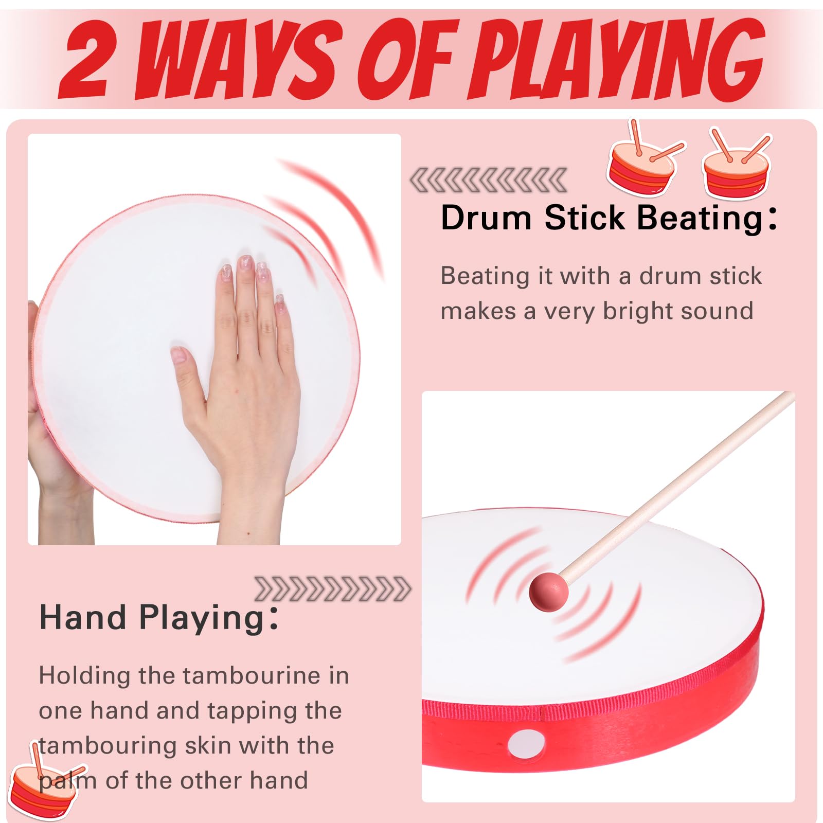 4-Piece Wooden Hand Drum Set for Kids & Adults - 12, 10, 8 & 6 Inch Frame Drums with Sticks - Percussion Musical Instruments for Beginners, Schools, Home Parties & Classroom Activities (Red) - Perfect for Music Education, Family Gatherings & Cultural Events