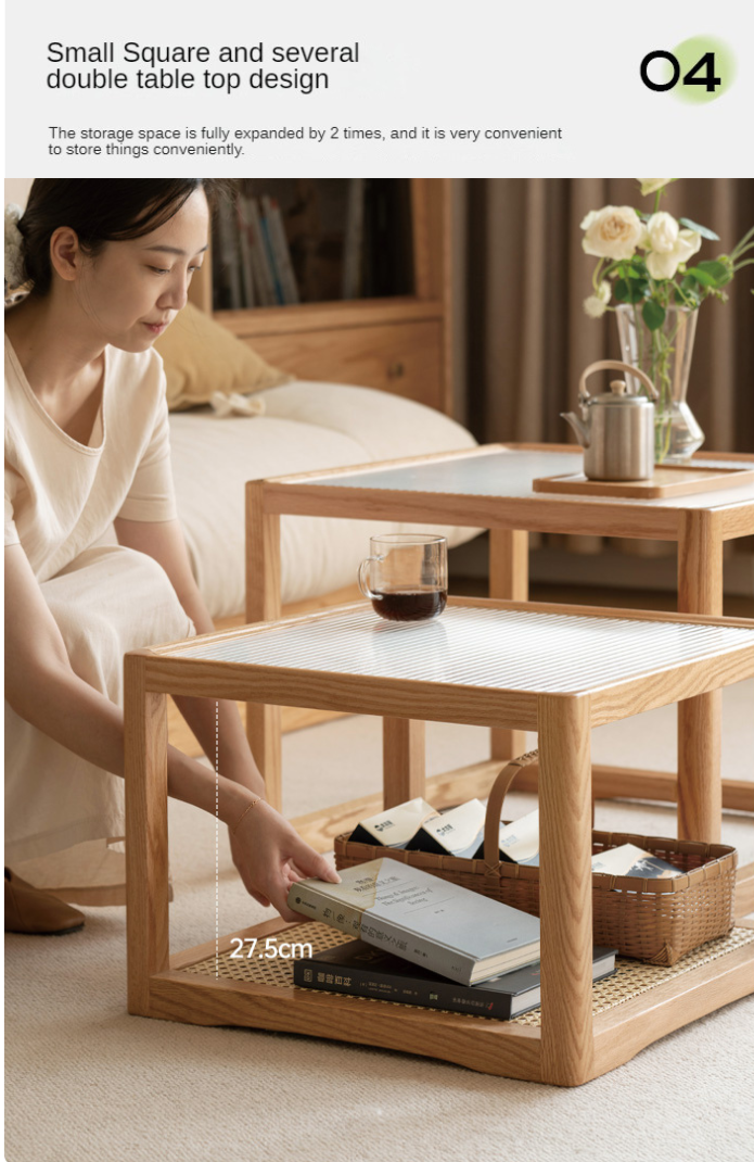 Solid Oak Wood Coffee Table with Glass Top and Rattan Shelf - Perfect for Living Room, Patio, or Outdoor Furniture Decor