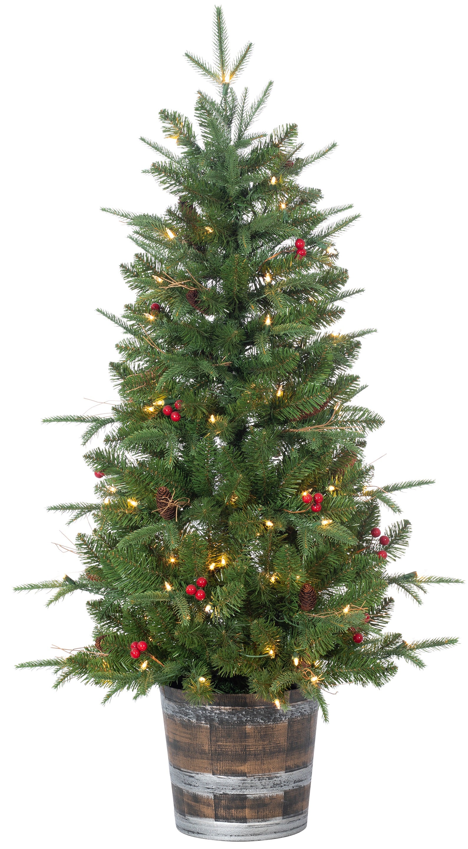 4' Pre-Lit Artificial Pine Christmas Tree with Pine Cones & Red Berries - Potted Holiday Decor for Home, Office, and Party Decoration