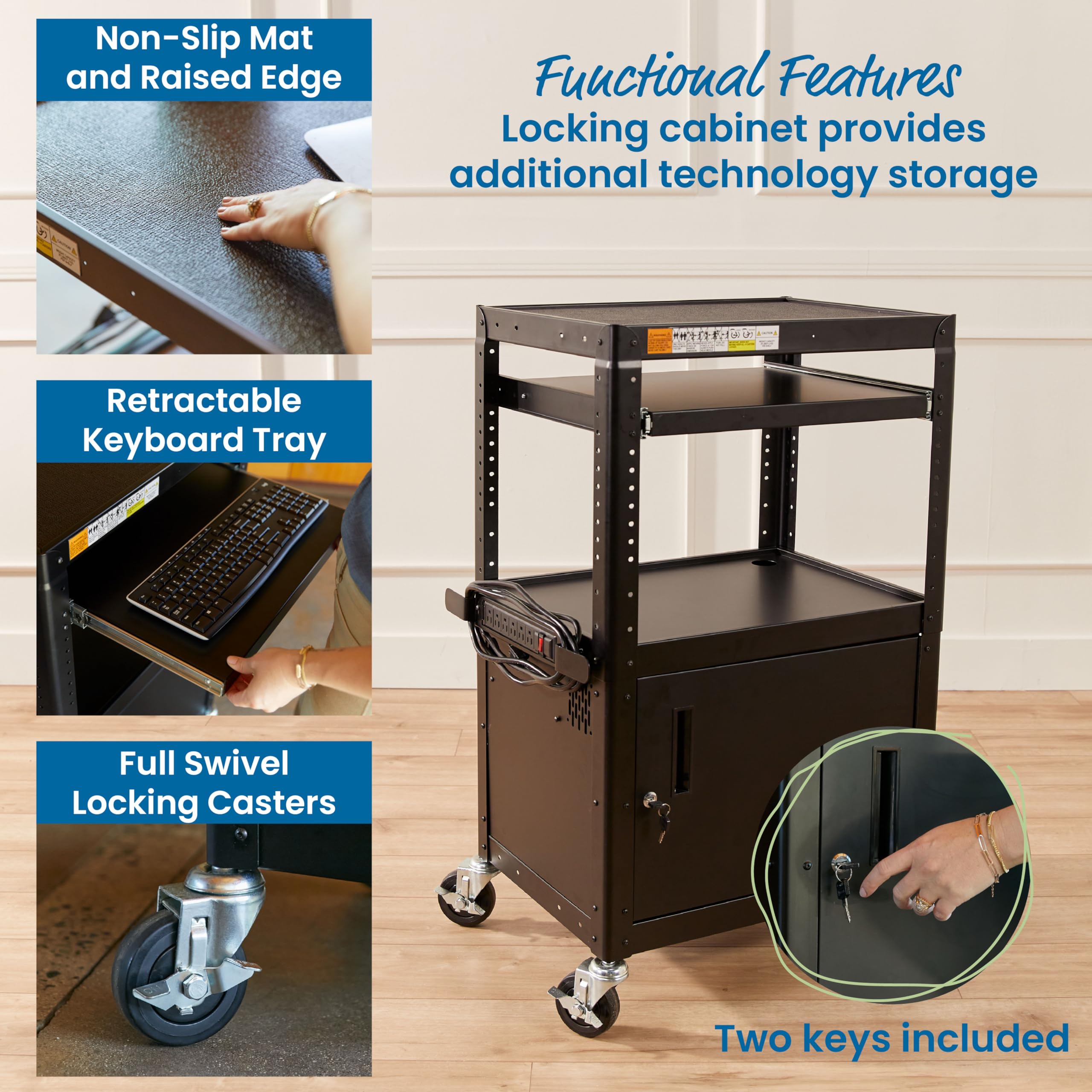 ECR4Kids AV Presentation Cart Stand with Storage Box - Mobile Rolling Storage Cart for Classroom, Office, or Home - Black - Perfect for Organizing AV Equipment, Books, and Supplies