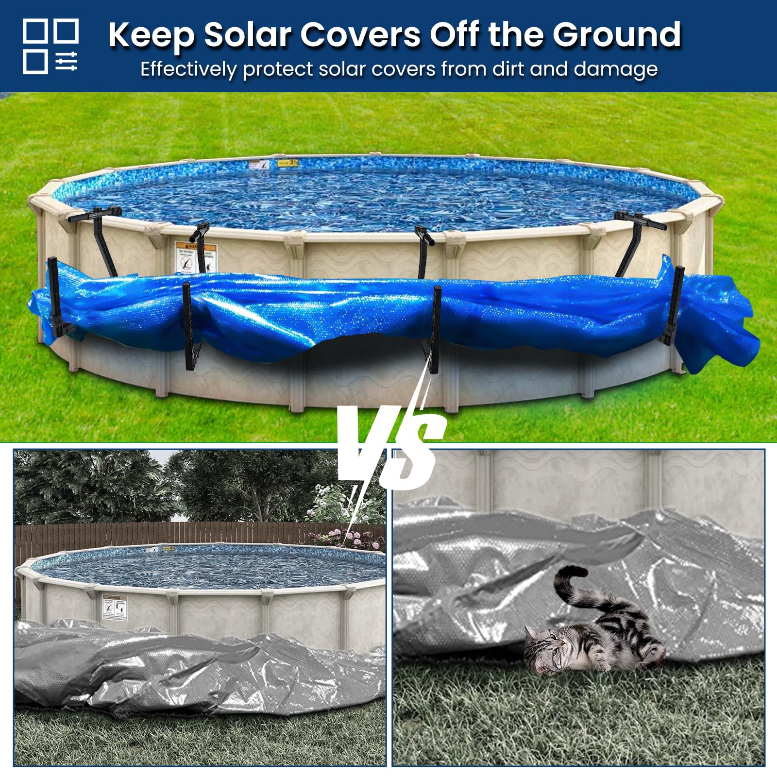 4-Pack Adjustable Black Rectangular Solar Cover Holder for Above Ground Pools - Keeps Solar Blankets Elevated & Protected - Perfect for Backyard, Inground & Oval Pools