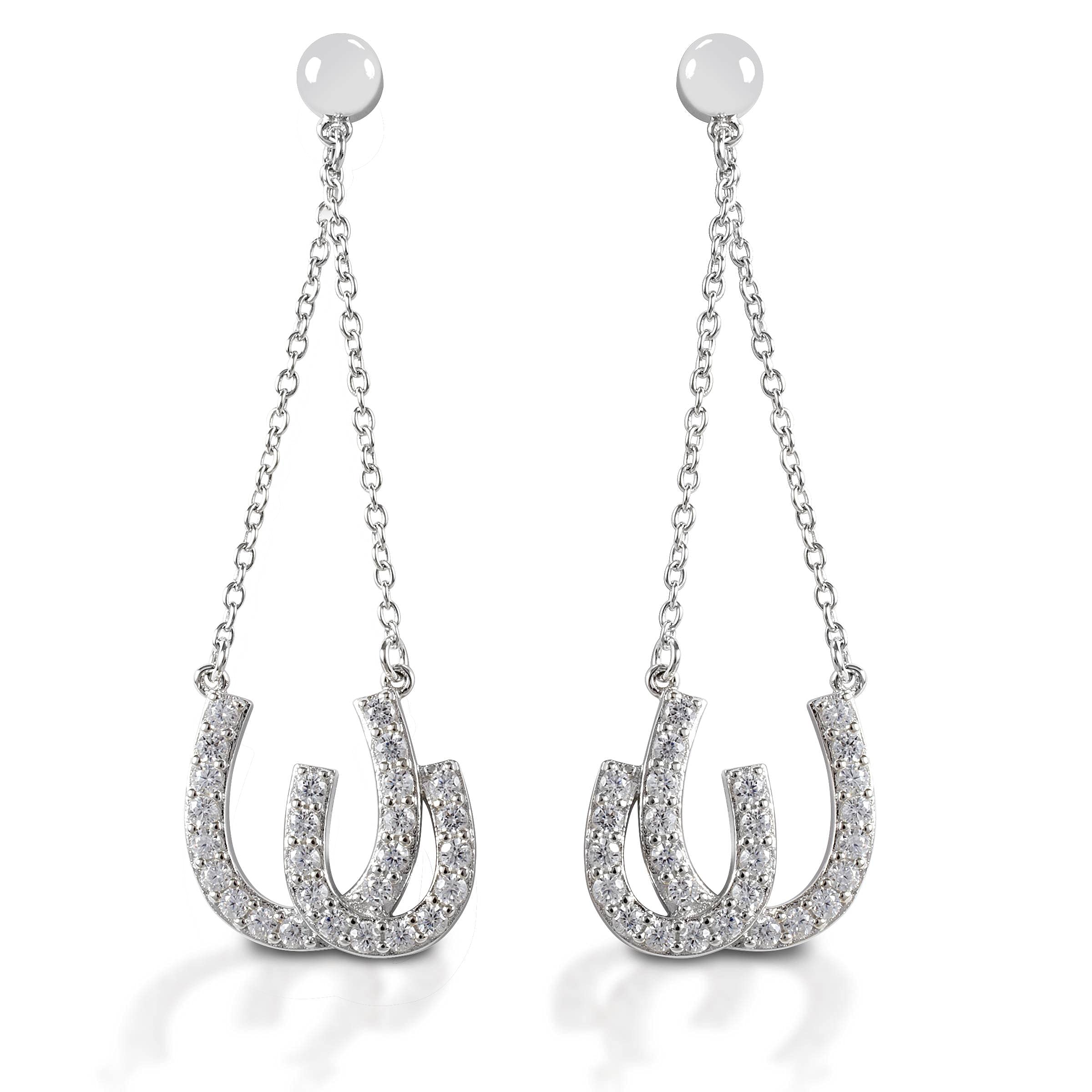 Sterling Silver Double Horseshoe Dangle Earrings for Women - Western Cowgirl Jewelry - Perfect for Country Concerts, Rodeos & Boho Fashion