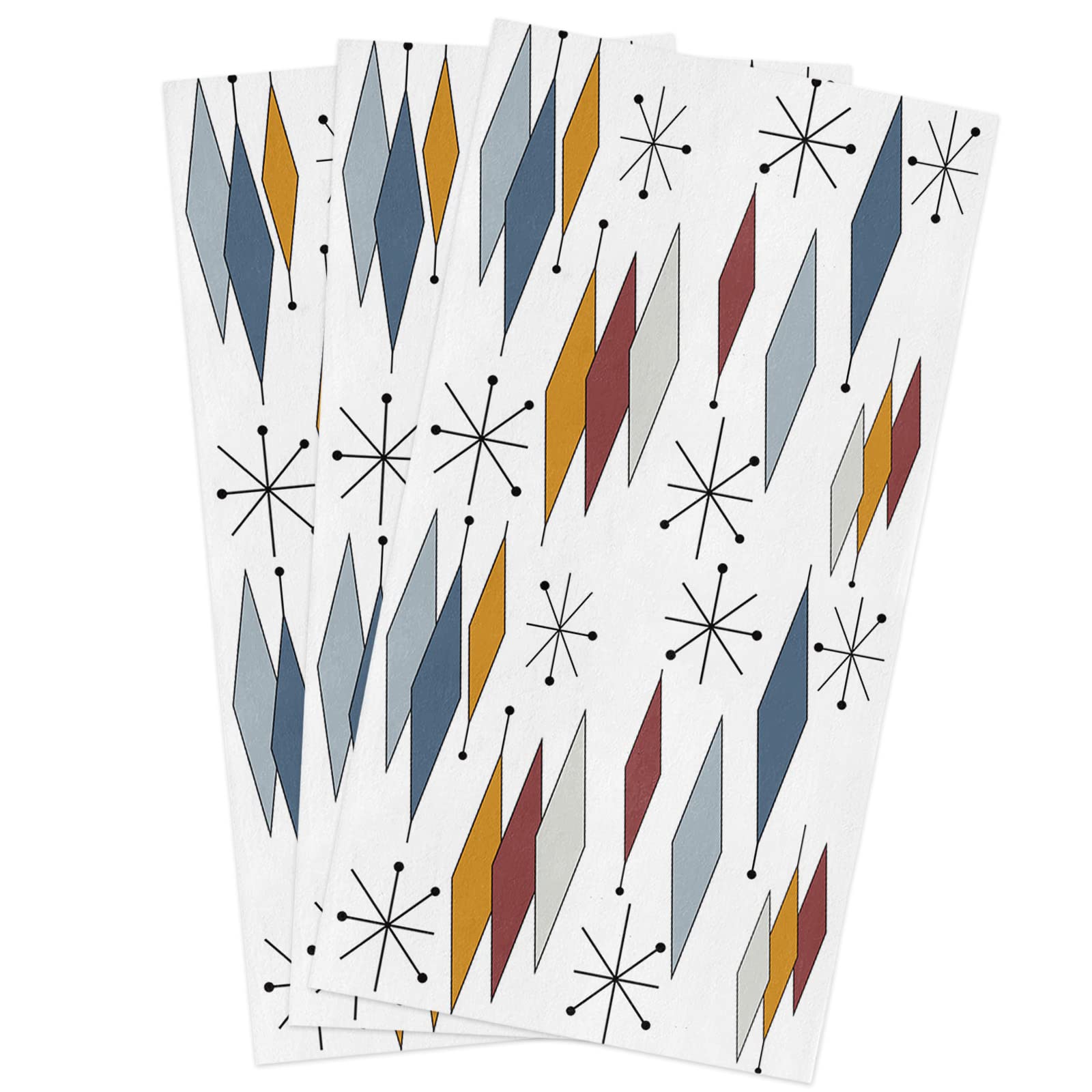 Premium Cotton Kitchen Towels 3-Pack - Mid-Century Modern Geometric Dish Cloths in Grey, Red, Blue & White | Ultra Absorbent Bar Towels, Tea Towels & Hand Towels with Hanging Loop | Perfect for Cooking, Cleaning & Dish Drying
