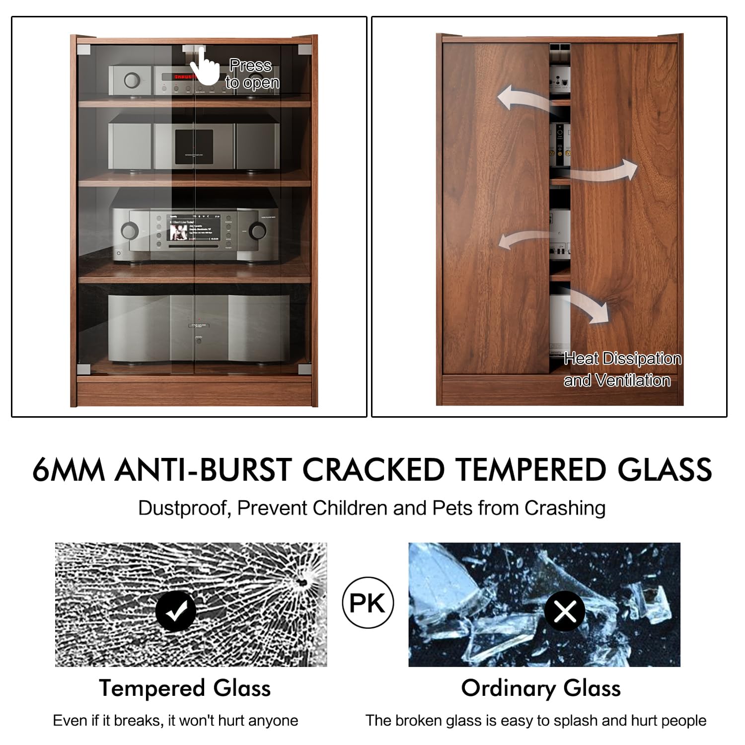4-Tier Modern TV Stand with Glass Doors - Adjustable Height AV Media Cabinet for Entertainment Center, Stereo Components & Gaming Console Storage - Perfect for Living Room, Bedroom & Home Theater (Brown)