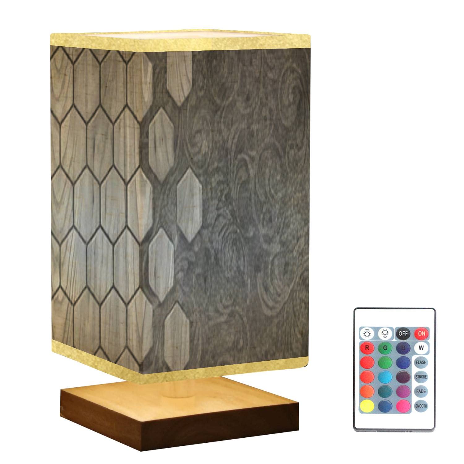 Hexagonal Wooden Base Dark Cement Square Bedside Table Lamp with Flaxen Fabric Shade - Dimmable Nightstand & Desk Lamp for Bedroom, Living Room, Office - Perfect for Reading, Relaxing & Ambient Lighting