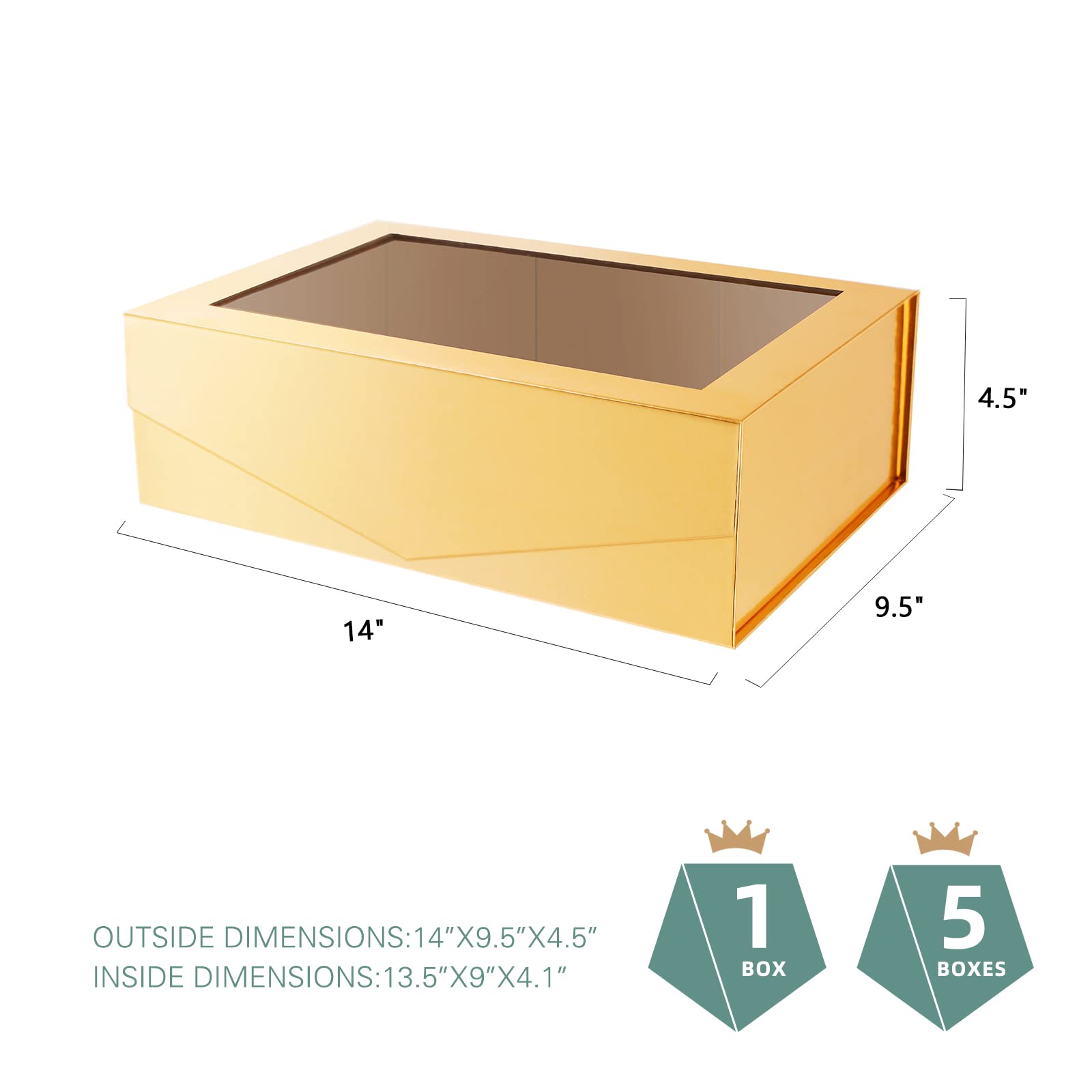 13.5x9x4.1 Inch Large Gold Gift Box with Clear Window - Magnetic Lid Bridesmaid Proposal Box Includes Ribbon & Card (Glossy Gold) | Perfect for Wedding Favors, Birthday Gifts & Special Occasion Presentations