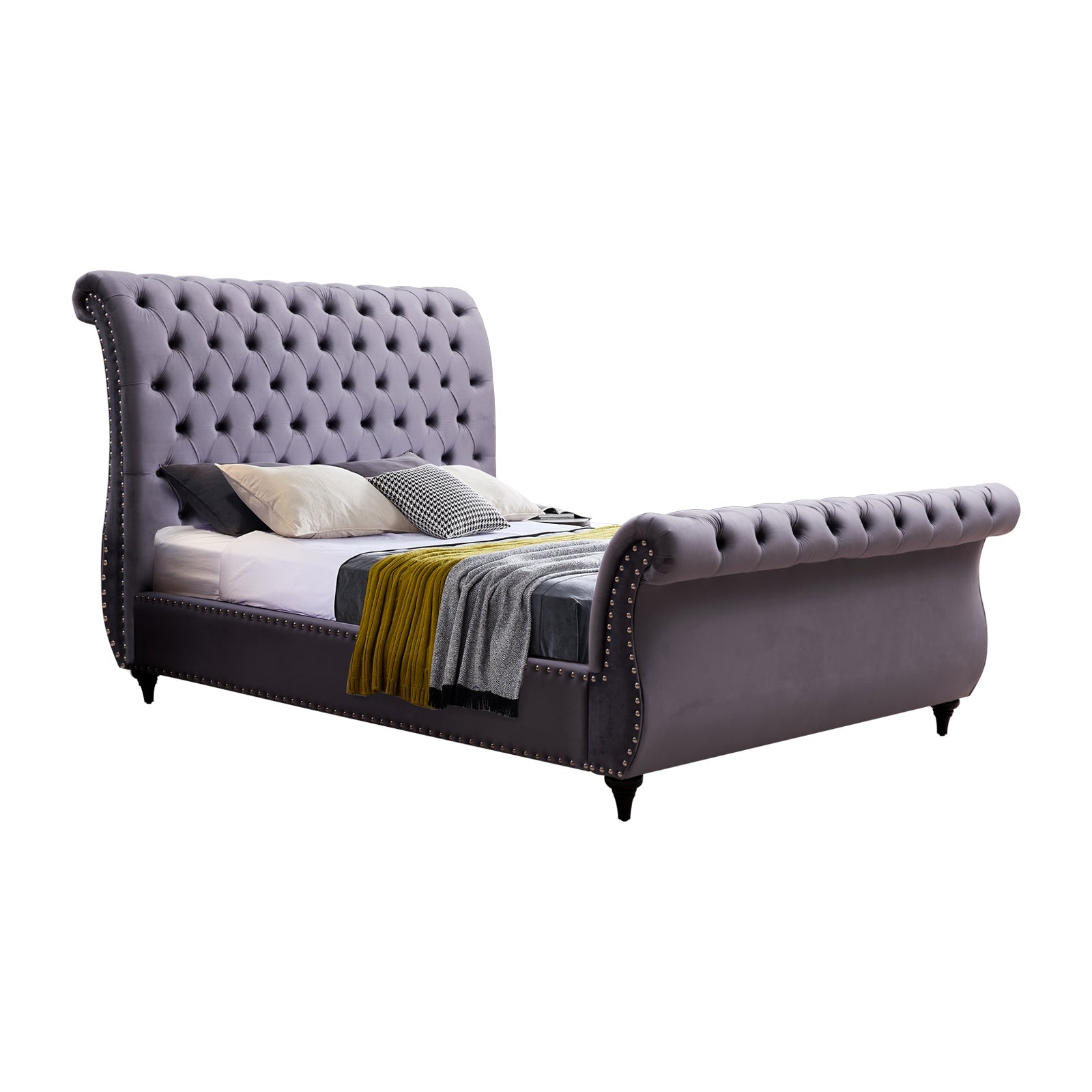 Luxury Grey Velvet King Size Bed Frame - Bedzy Luxe Royal Sleigh | Elegant Master Bedroom Furniture for Modern Home Decor