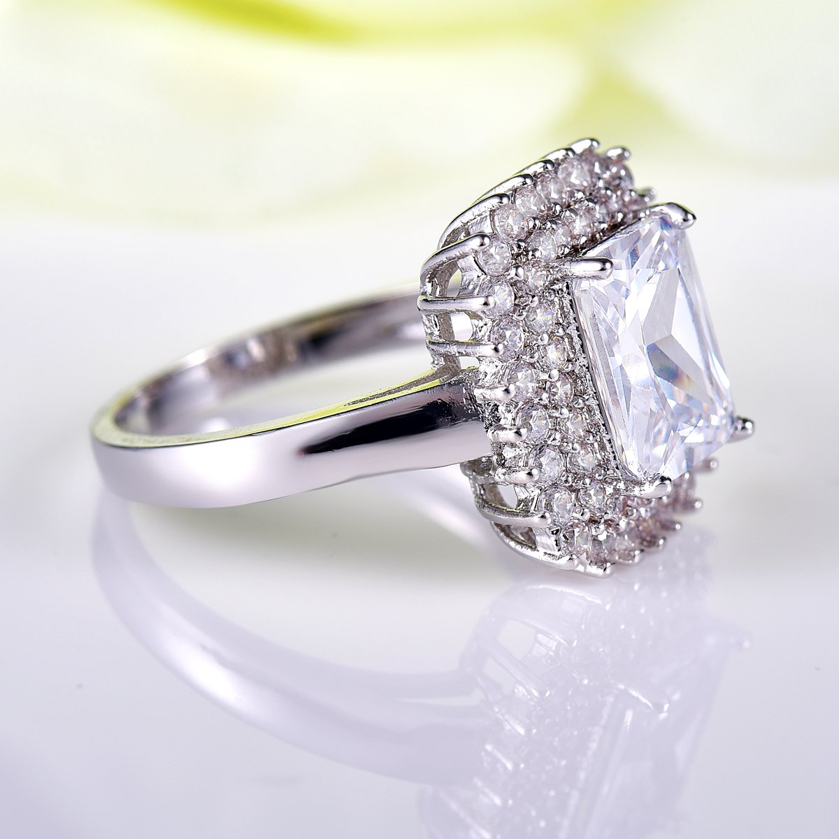 925 Sterling Silver Plated Rainbow Topaz Double Halo Ring for Women - Elegant Simulated Gemstone Jewelry for Engagement, Anniversary & Special Occasions