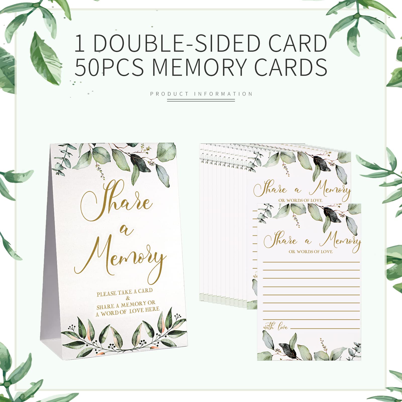 50 Pcs Elegant Greenery Eucalyptus Memory Cards & Seating Place Cards with Gold Font - Perfect for Funerals, Graduations, Weddings, Bridal Showers, Birthdays & Anniversaries - Create Lasting Memories for Special Occasions