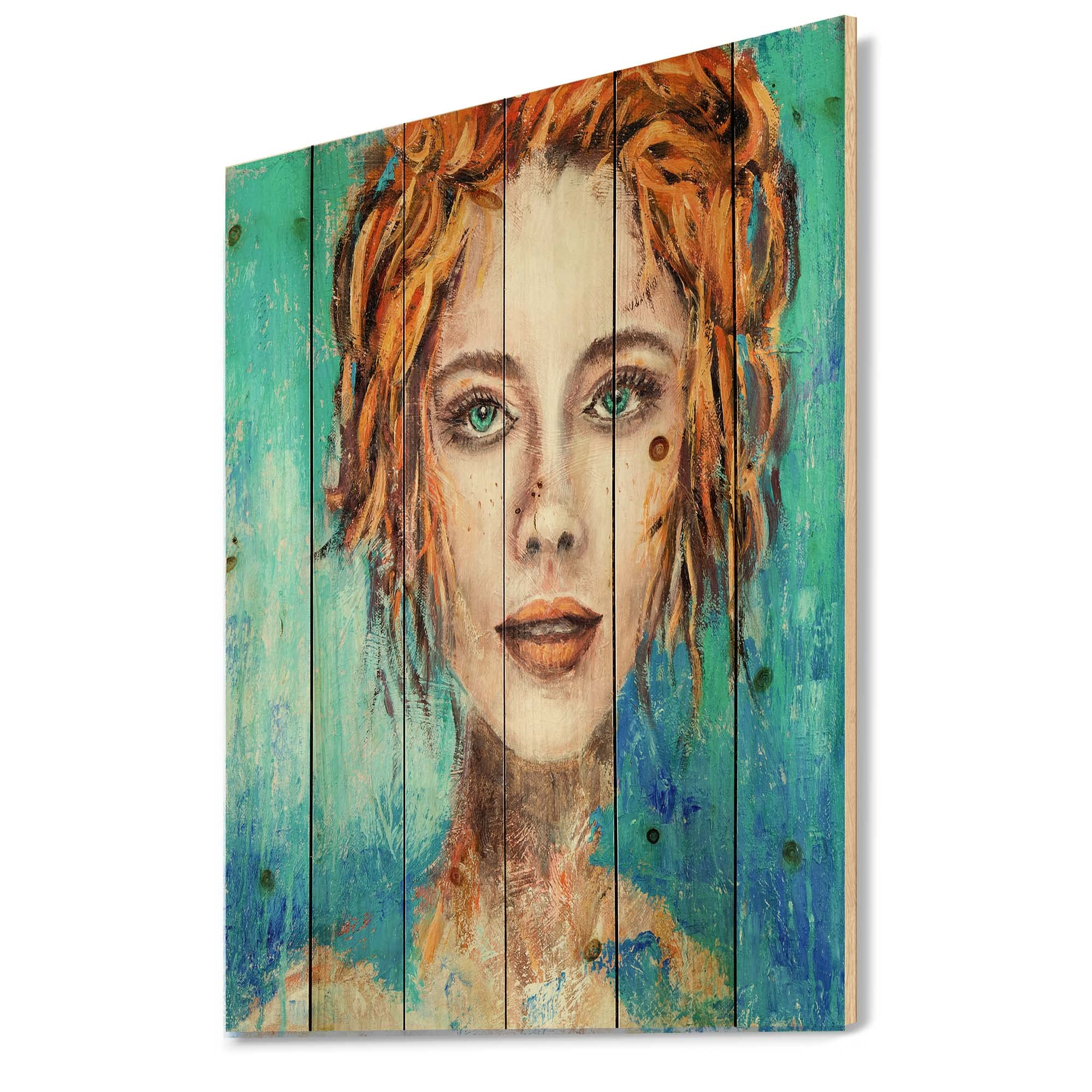 DesignQ Modern Wood Wall Art - Abstract Woman Face with Green Eyes & Red Hair, Large Contemporary Wood Wall Decor Printed on Natural Pine - Perfect for Living Room, Bedroom, or Office Decor