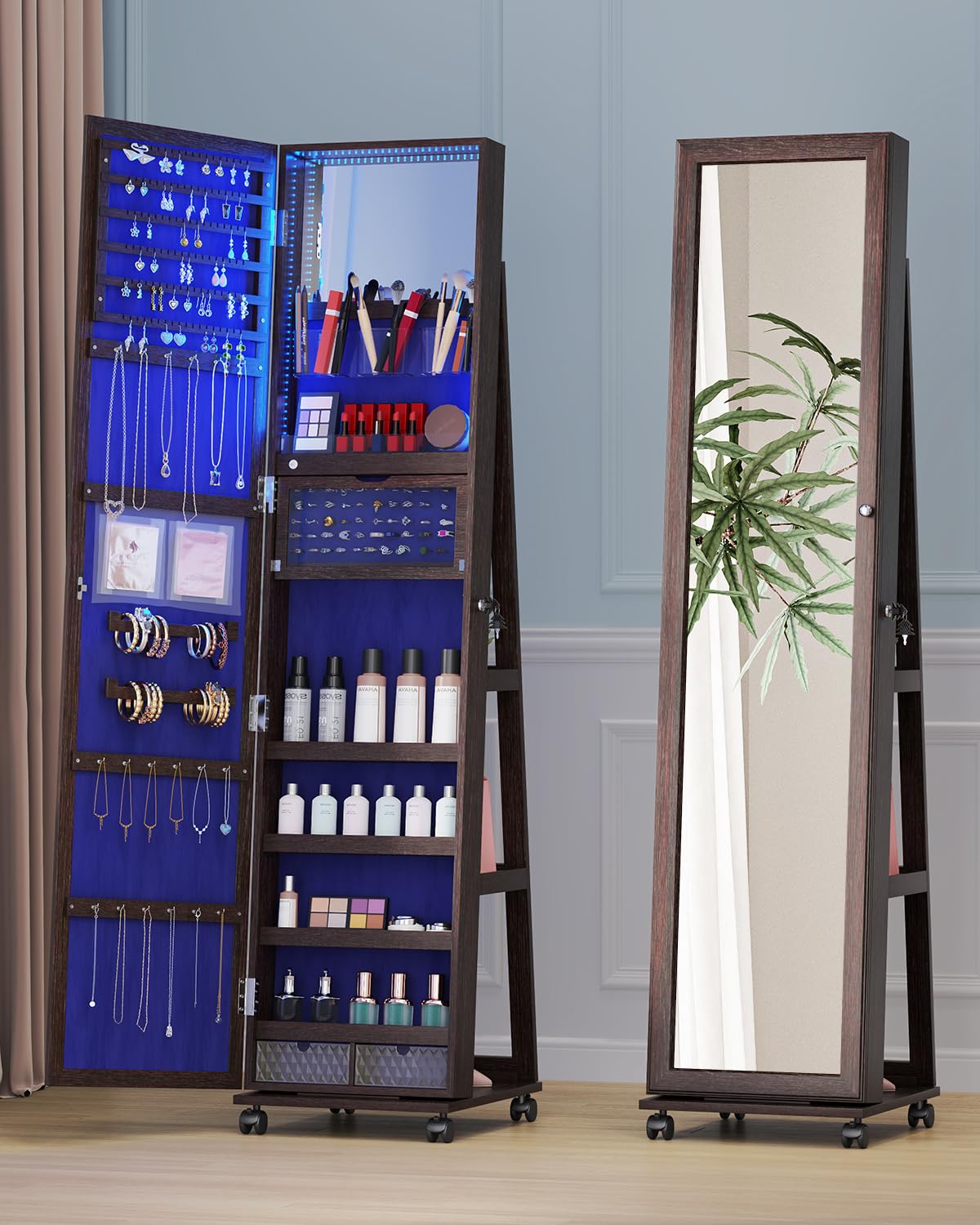 Full Length Mirror with Jewelry Storage - 360° Swivel Jewelry Cabinet with LED Lights & Lockable Organizer | Standing Jewelry Armoire with Mirror for Bedroom, Dressing Room & Christmas Gifts (Brown)
