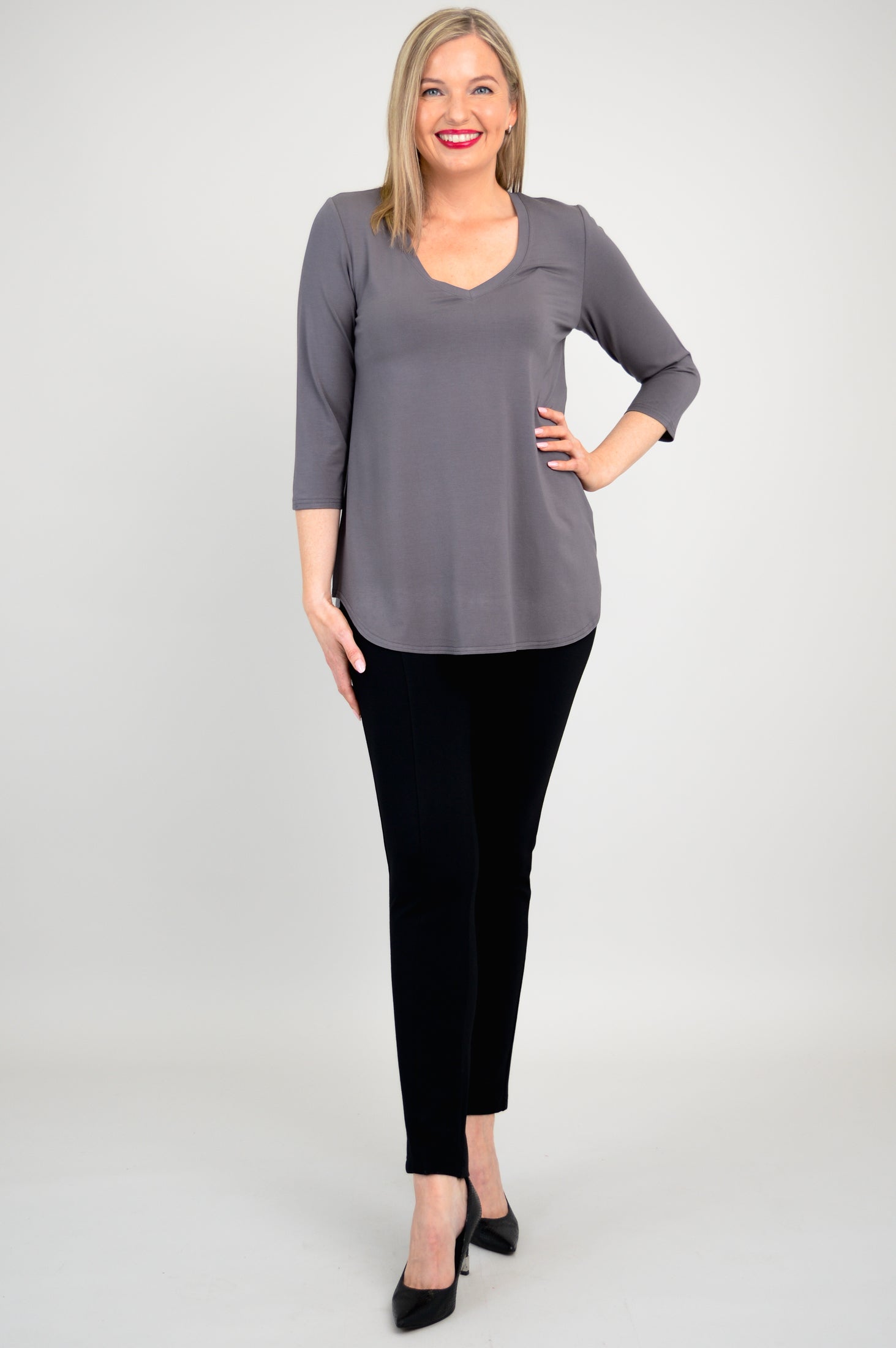 Jackie 3/4 Sleeve Bamboo Top - Charcoal Gray | Soft & Breathable Women's Shirt for Yoga, Travel & Casual Wear