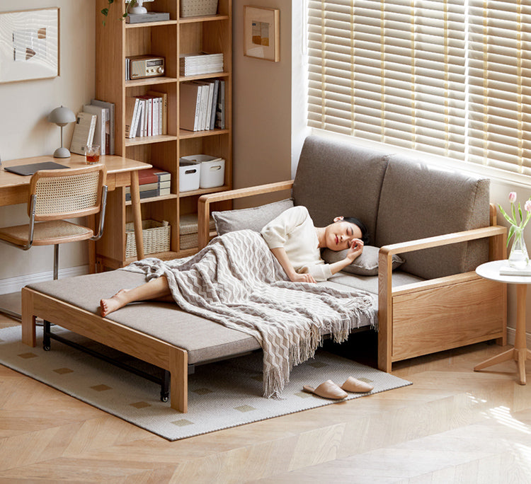 Solid Oak Wood Sofa Bed - Modern Multifunctional Convertible Sleeper for Small Spaces | Living Room, Guest Room & Studio Apartment Furniture