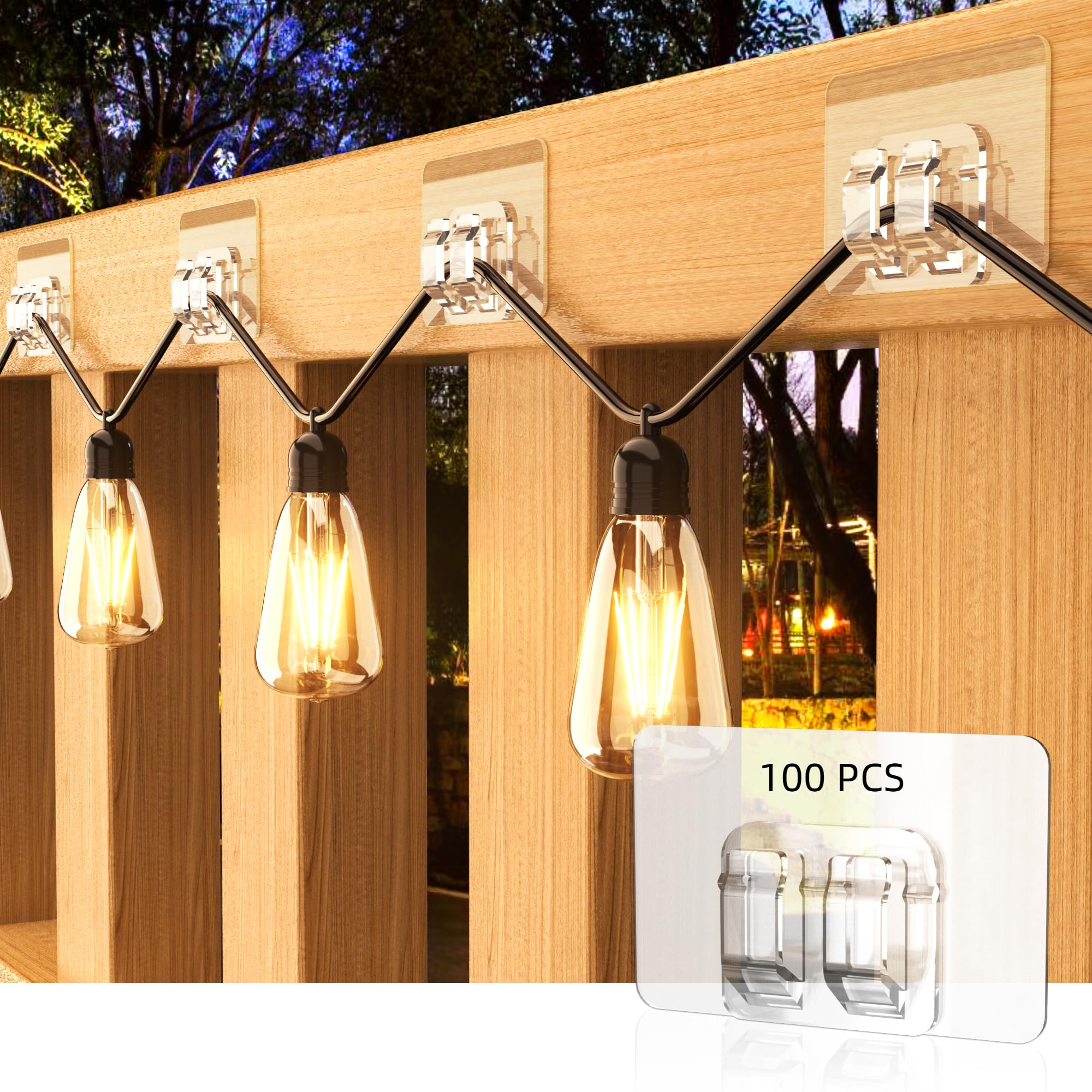 Outdoor String Light Hooks - 100Pcs Heavy-Duty Adhesive Clips for Christmas Lights, Waterproof & UV-Resistant - Perfect for Patio & Garden Decor