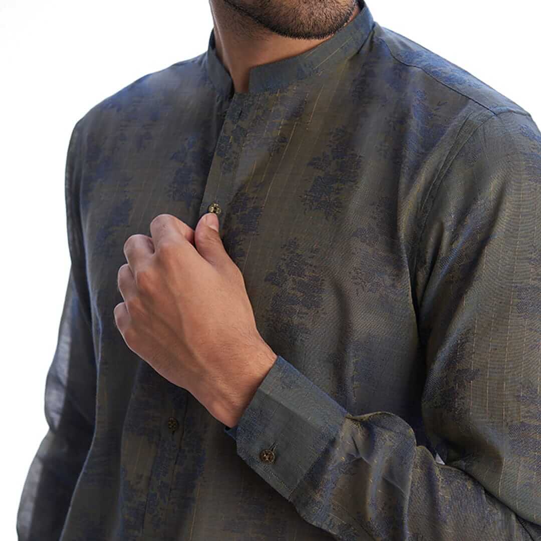 Stylish Grey and Blue Two-Tone Cotton Brocade Kurta for Men - Perfect for Festivals, Weddings & Ethnic Occasions
