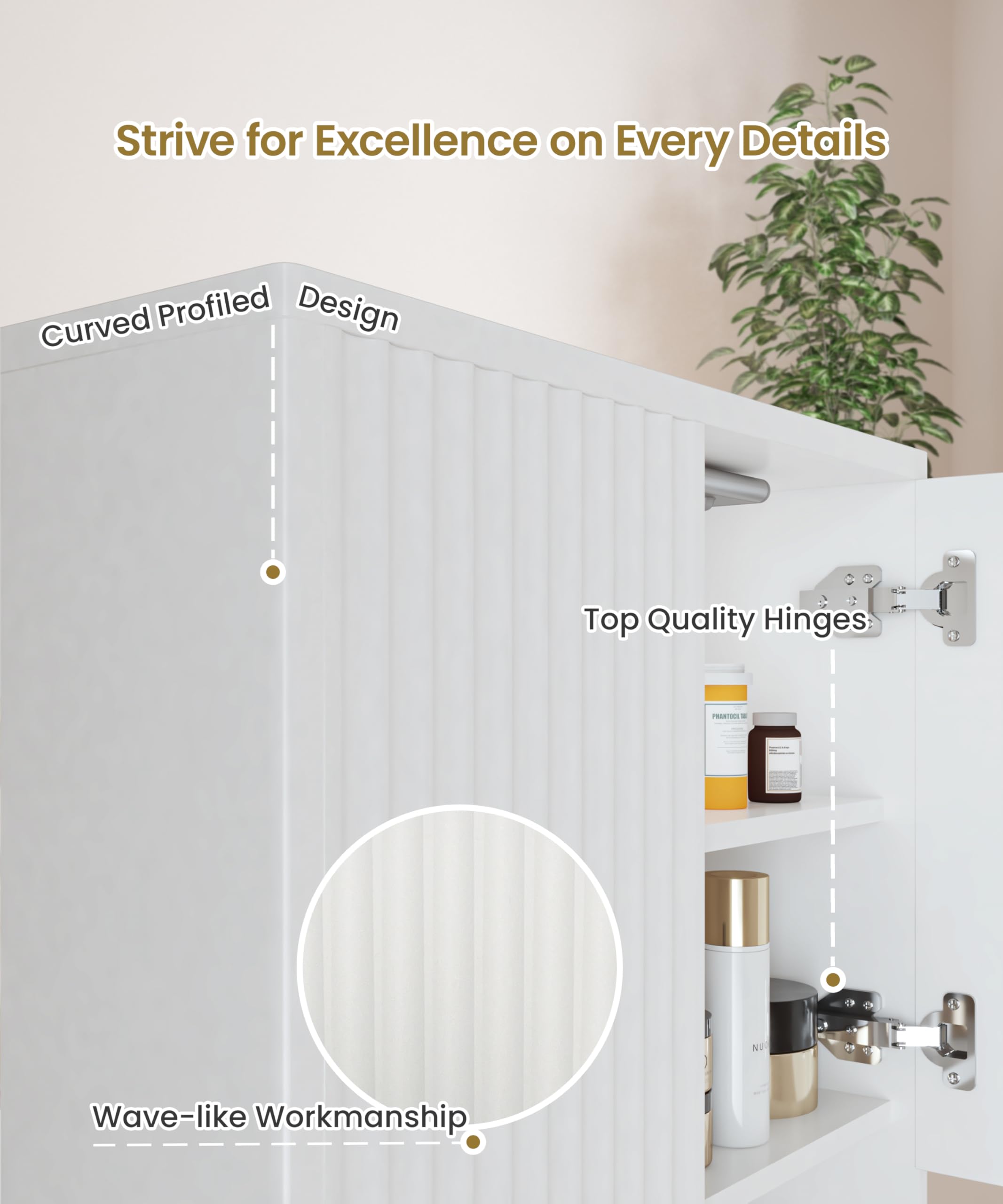 HAIOOU Modern White Fluted Bathroom Wall Cabinet with Motion Sensor Light - Wooden Medicine Storage Cabinet with Buffering Hinges, Over Toilet Organizer for Bathroom, Bedroom & Vanity Decor