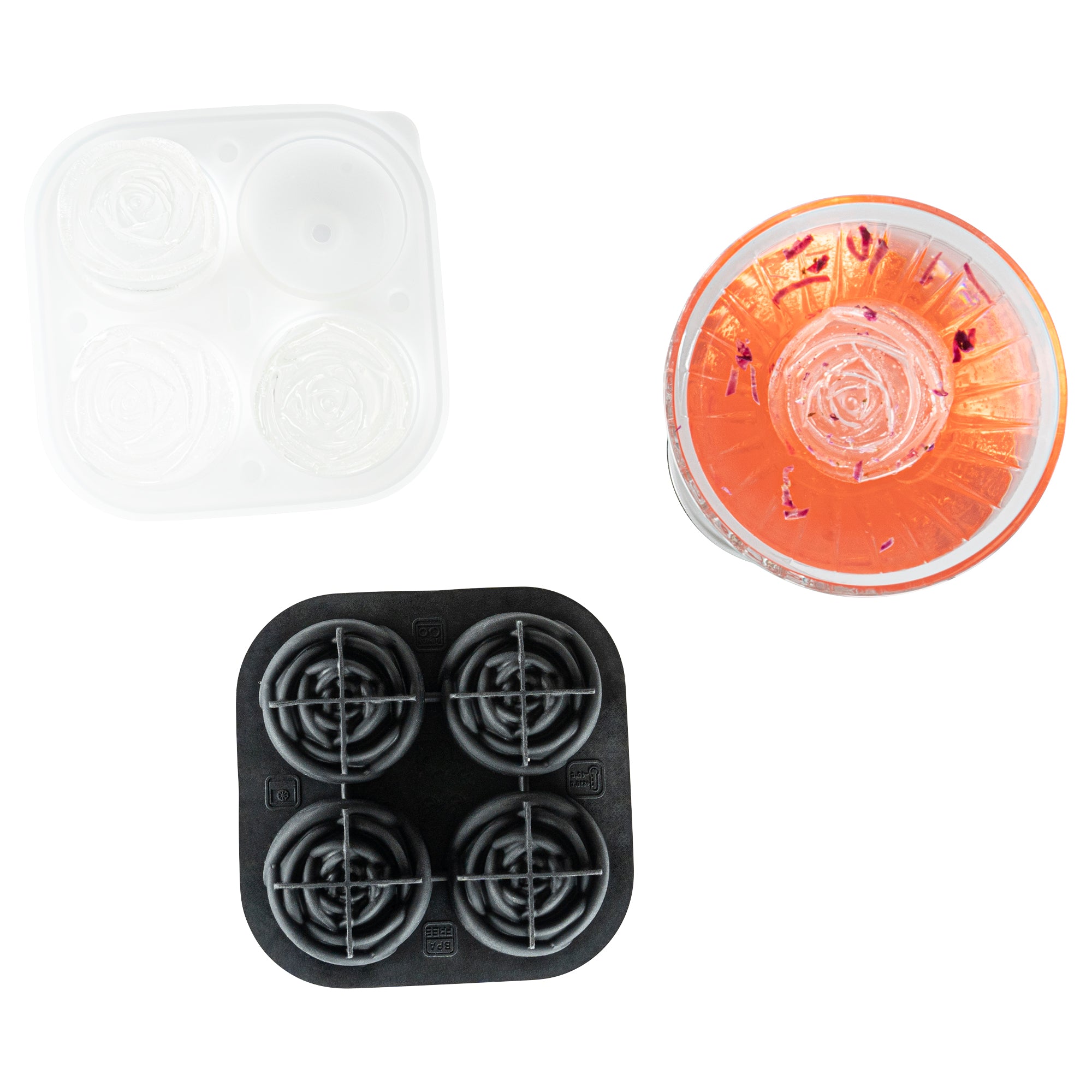 Premium Black Silicone Ice Cube Tray with 2 Rose & 4 Compartment Designs - 1 Count Box - Perfect for Cocktails, Romantic Dinners & Home Bar Decor