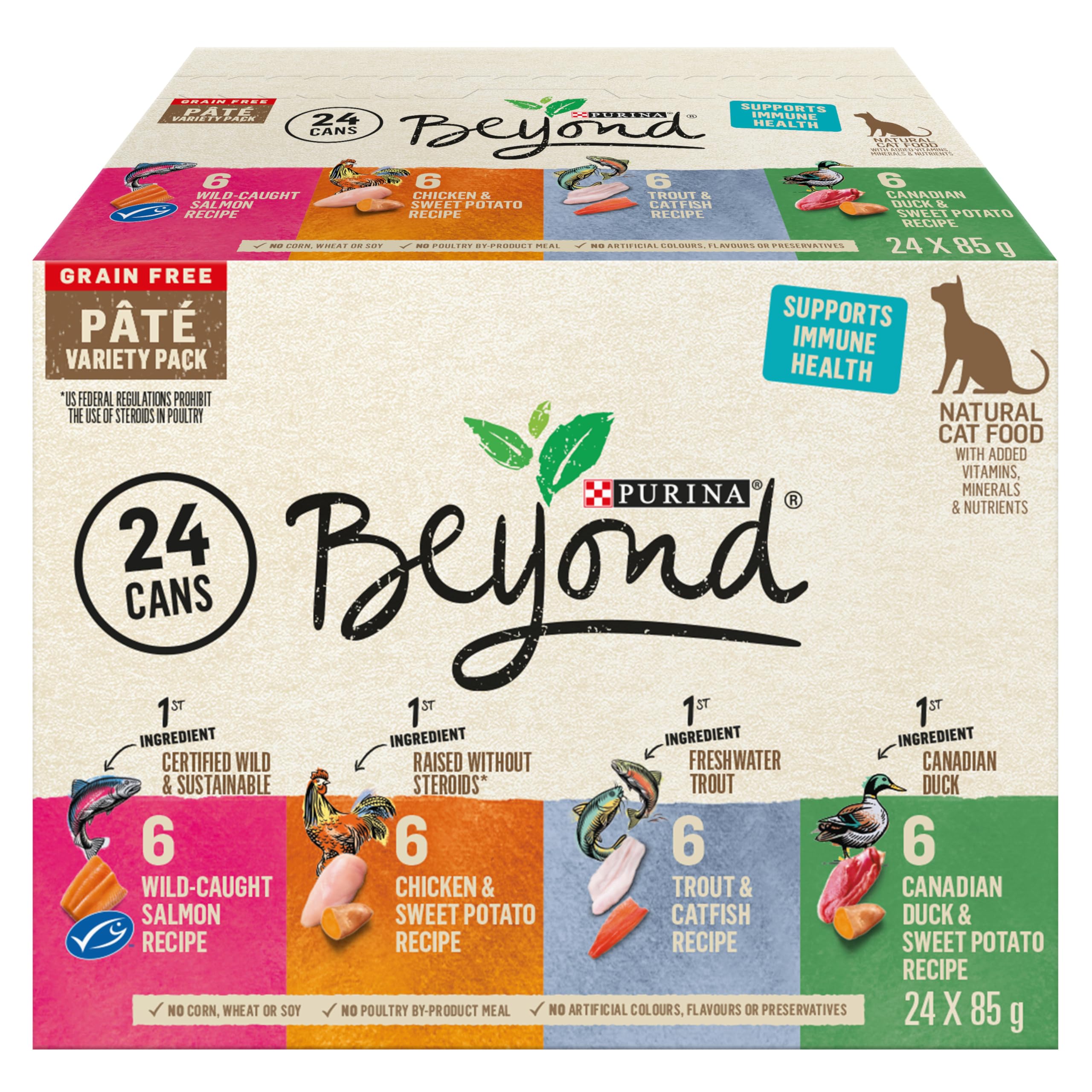 Beyond Grain Free Natural Wet Cat Food Pate Variety Pack - 4 Flavors (Tuna, Salmon, Chicken, Turkey) 85g Cans (24 Pack) | High Protein, Healthy Ingredients for Adult & Senior Cats | Perfect for Mealtime, Travel & Picky Eaters