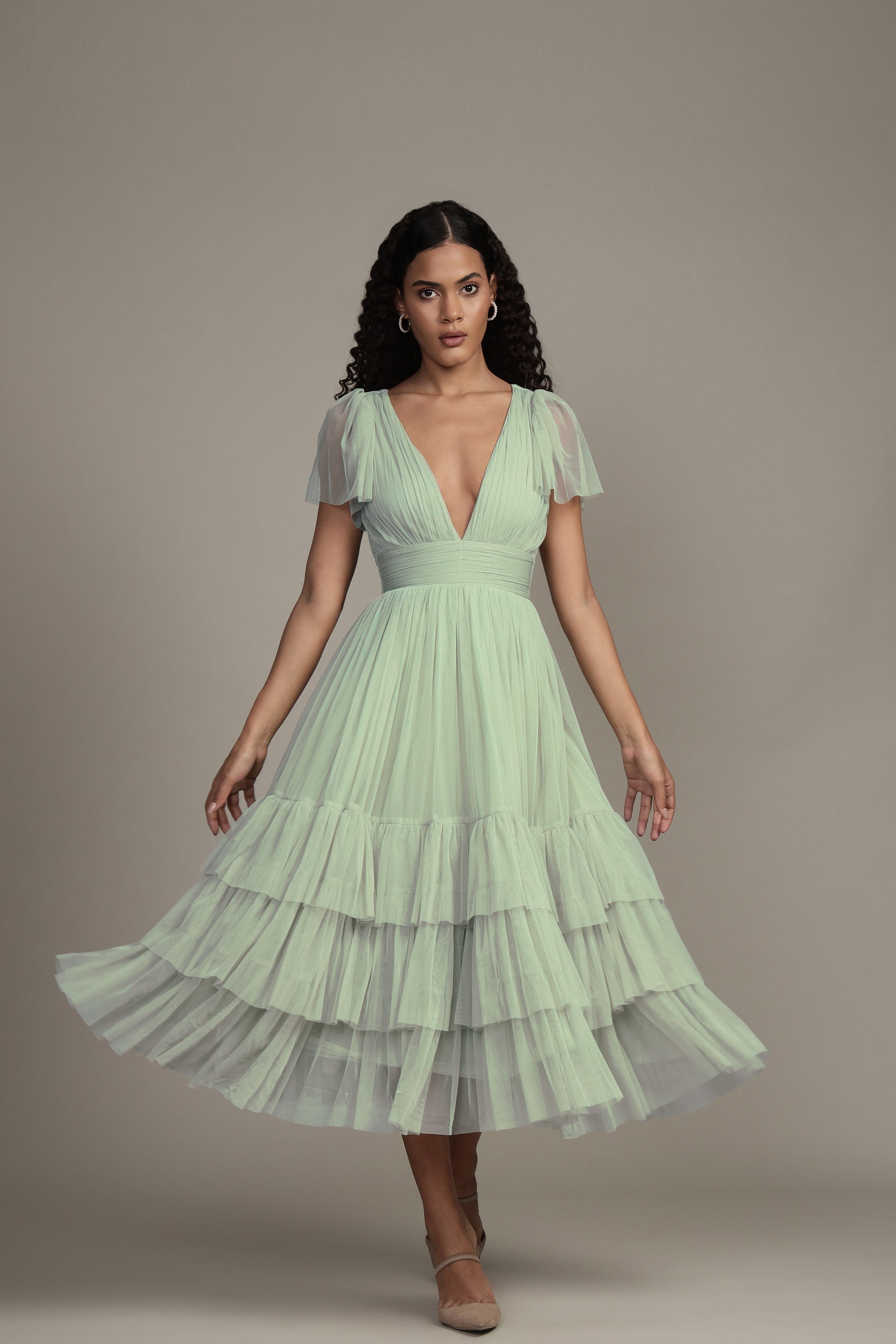 Madison Sage Green Tulle Bridesmaid Midi Dress - Elegant Tea-Length Formal Gown for Weddings, Parties & Special Occasions
