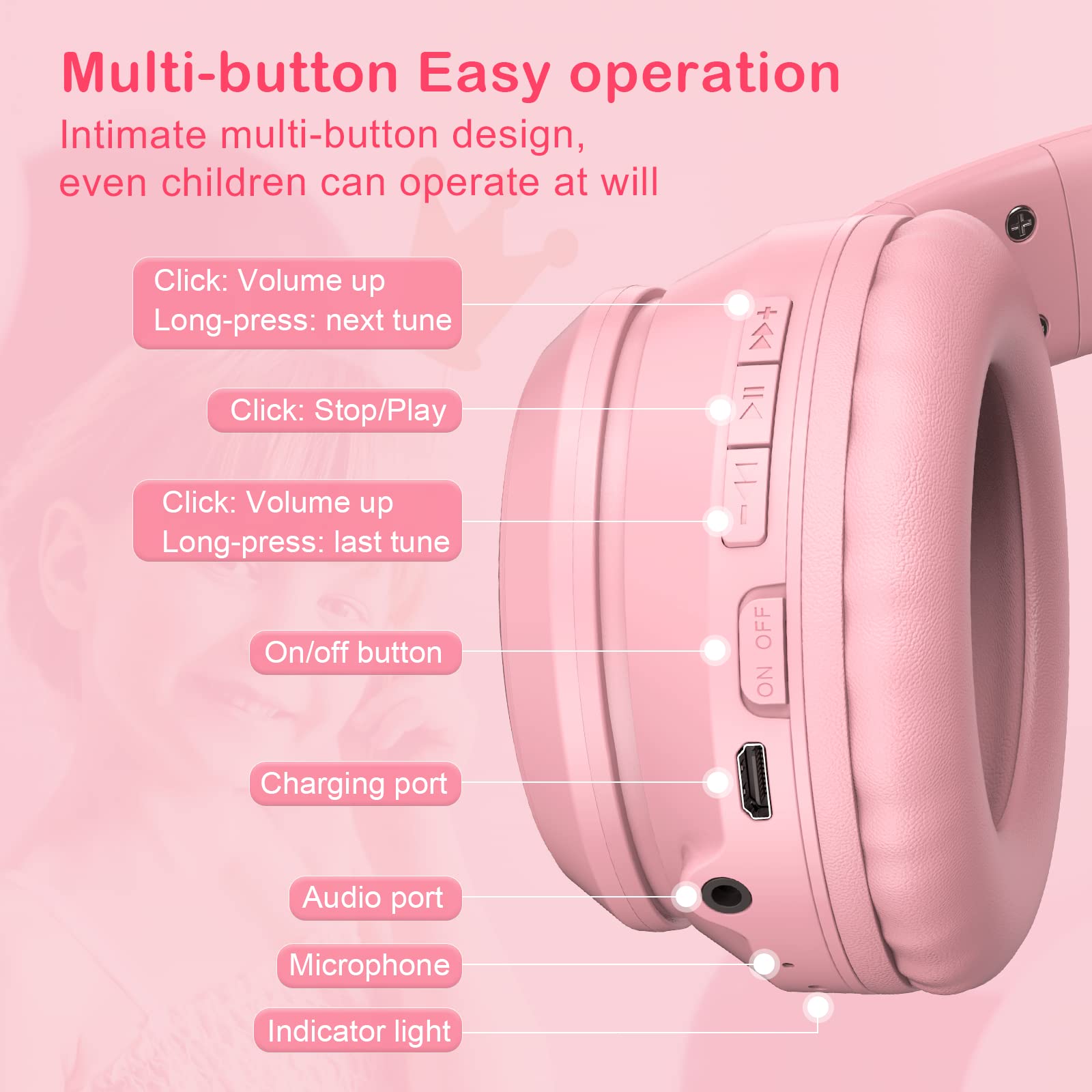 PHNIXGAM Bluetooth Cat Ear Headphones for Kids - Wireless & Wired Foldable Headset with Microphone, RGB LED Lights, Adjustable Volume - Perfect for School, Gaming, Travel, and Online Classes - Compatible with iPhone, Android, PC, Tablet (Pink/Blue)