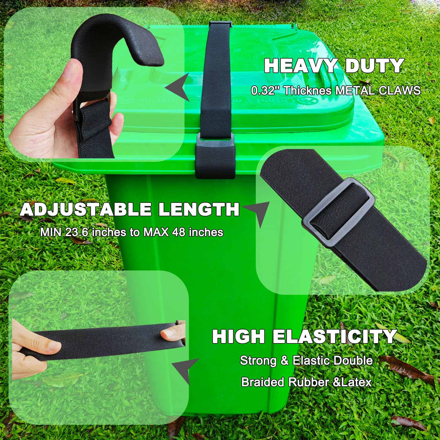 Universal Adjustable Metal Double Claw Trash Can Lock Strap 4PCS - Secure Garbage Bin Lid Lock for Raccoons & Animals - Heavy Duty Bungee Cord Belt for Outdoor Trash Cans - Perfect for Backyard, Camping & Wildlife Areas