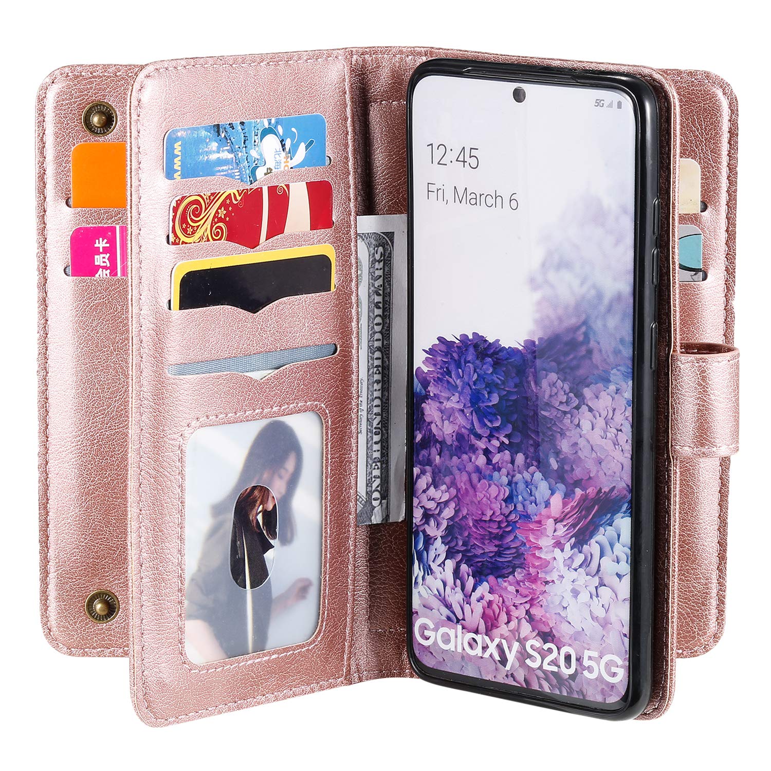 Samsung Galaxy S20 5G UW Wallet Case with Card Holder & Tempered Glass Screen Protector - Flip Folio Cover for Galaxy S20 (6.2 Inch) - Rose Gold | Perfect for Business, Travel & Everyday Protection