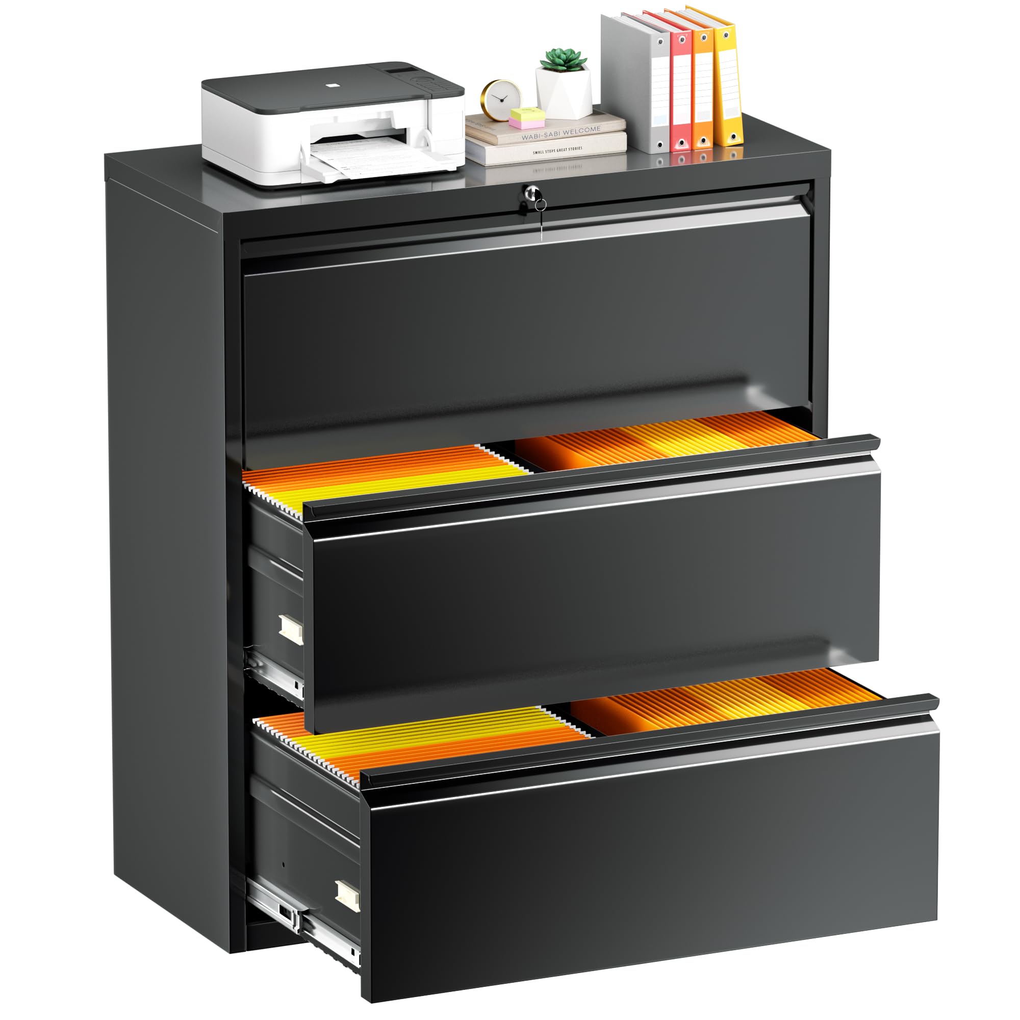INTERGREAT 3-Drawer Black Lateral File Cabinet with Lock - Legal/Letter & A4 Size Metal Steel Locking Wide Filing Cabinet for Home Office - Perfect for Document Storage, Office Organization & Secure File Keeping
