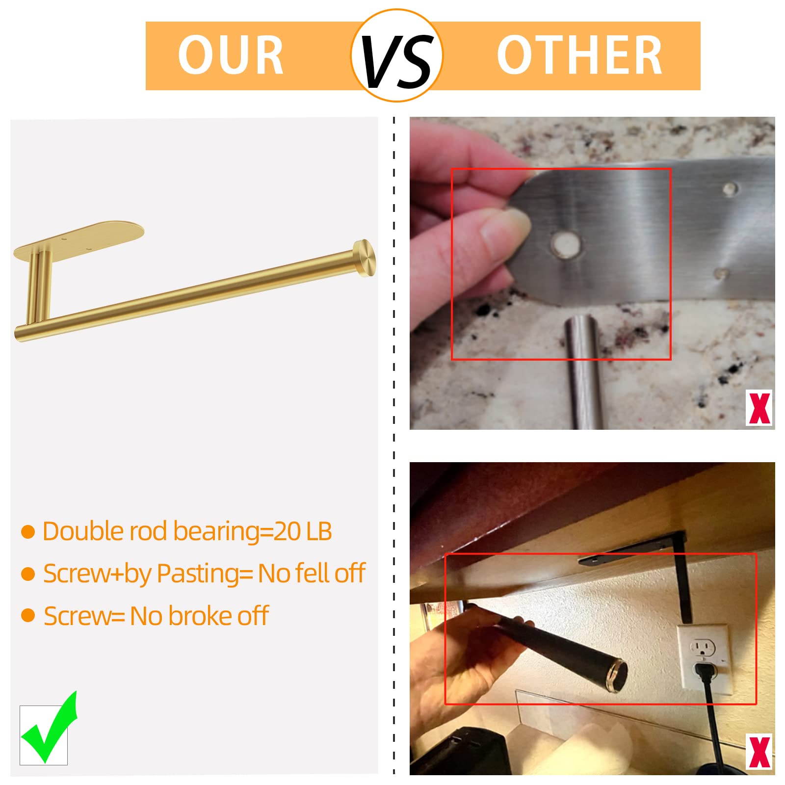 Upgraded Double Rod Bearing Paper Towel Holder for Kitchen - Self-Adhesive or Wall Mounted Under Cabinet, Gold (Perfect for Easy Access to Paper Towels While Cooking & Cleaning)