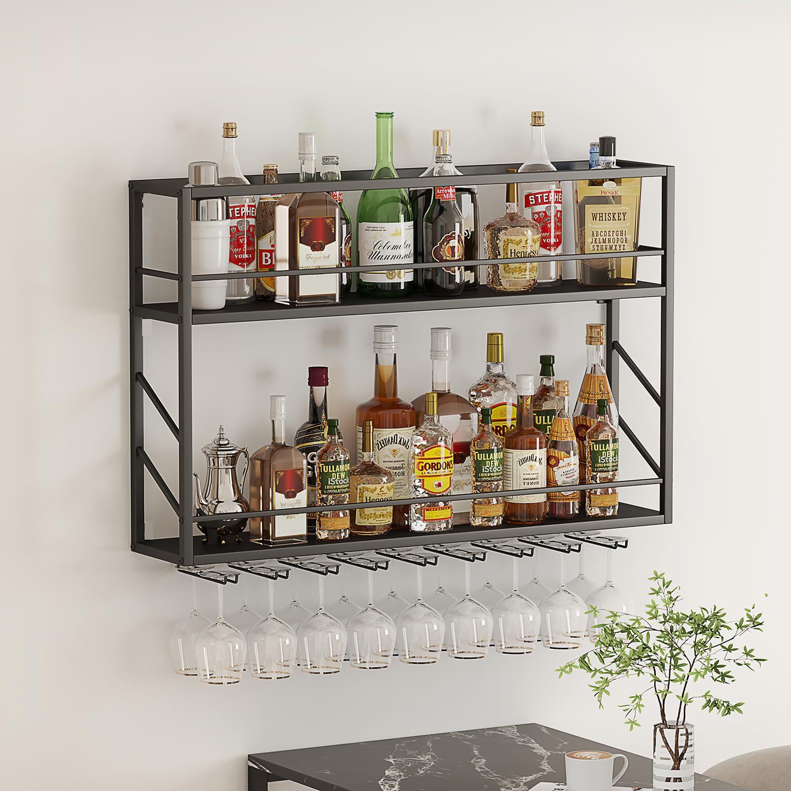 Wall Mounted Wine Rack - 2-Tier Metal Wine Shelf for Liquor Bottles Storage & Display - Sturdy Bar Shelves for Home, Kitchen, Dining Room & Wine Cellar (39.3×7.8×26in) - Perfect for Wine Enthusiasts & Entertaining Guests