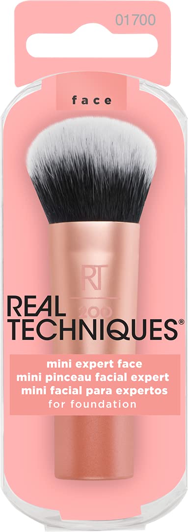 Real Techniques Mini Travel Size Expert Face Makeup Brush for Foundation - Perfect for On-the-Go Makeup Application | Compact & Portable Cosmetic Brush for Seamless Blending (Packaging May Vary)
