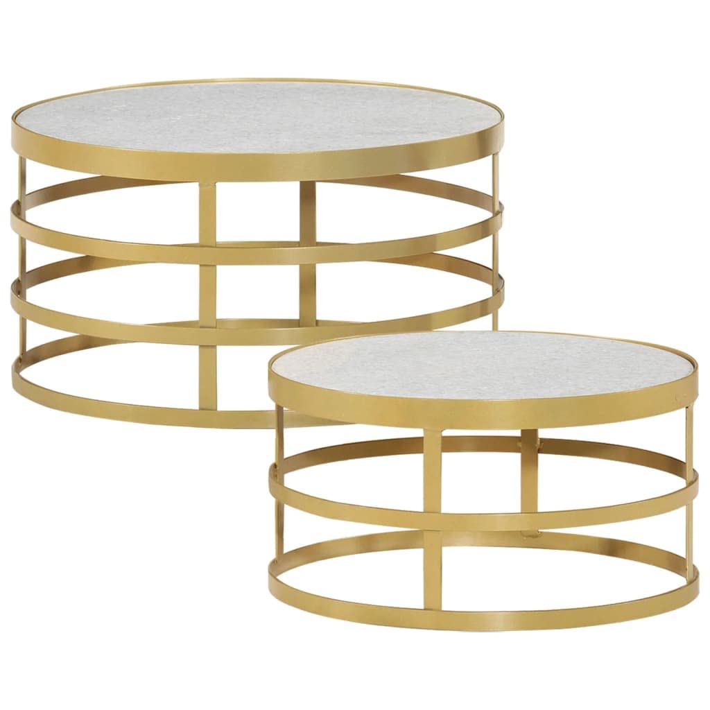 FAMIROSA 2-Piece Coffee Table Set - Modern Marble Top with Brass Accents & White Base - Perfect for Living Room, Lounge & Office Decor